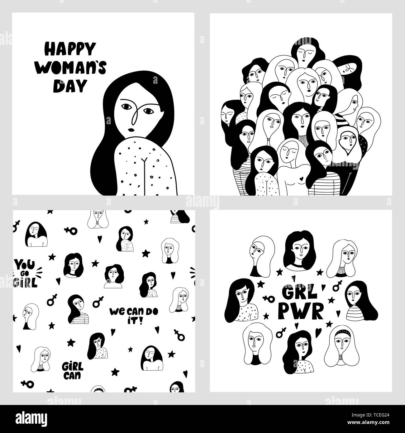 Big set with female faces and motivating lettering compositions - girl power and feminism concept. Happy international Women's Day. Stock Vector