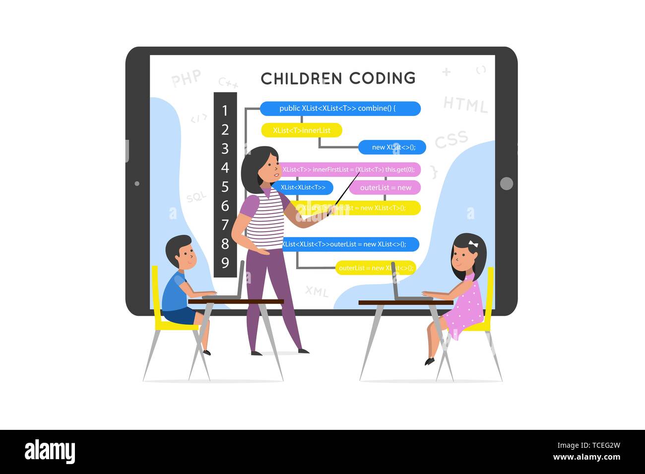A teacher is using a tablet explains coding for children. Vector