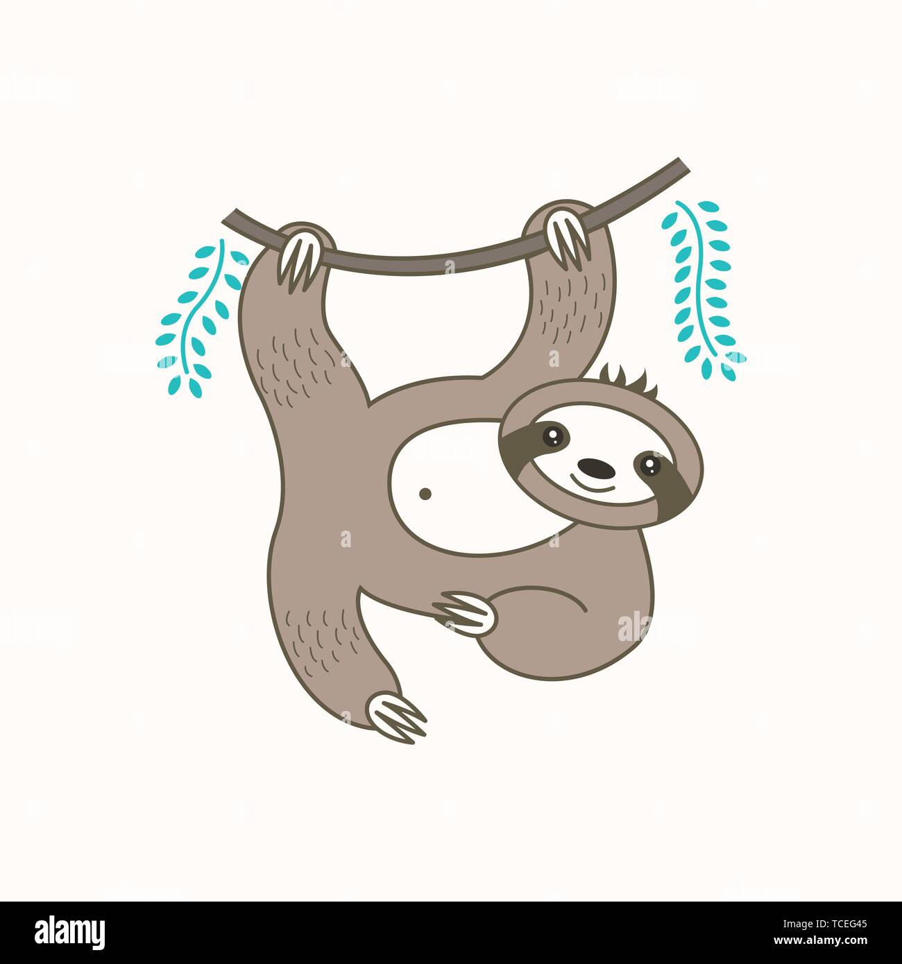 Vector sloth on branch. Cute cartoon funny kawaii character. Can be used for cards, flyers, poster, t-shirt. Stock Vector