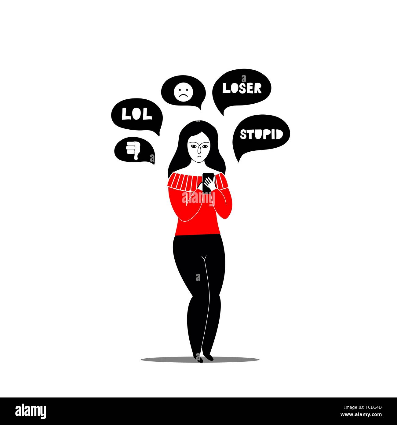 Woman receiving Internet messages on smartphone or texting on mobile phone. Cyber Bullying. - Vector. Stock Vector