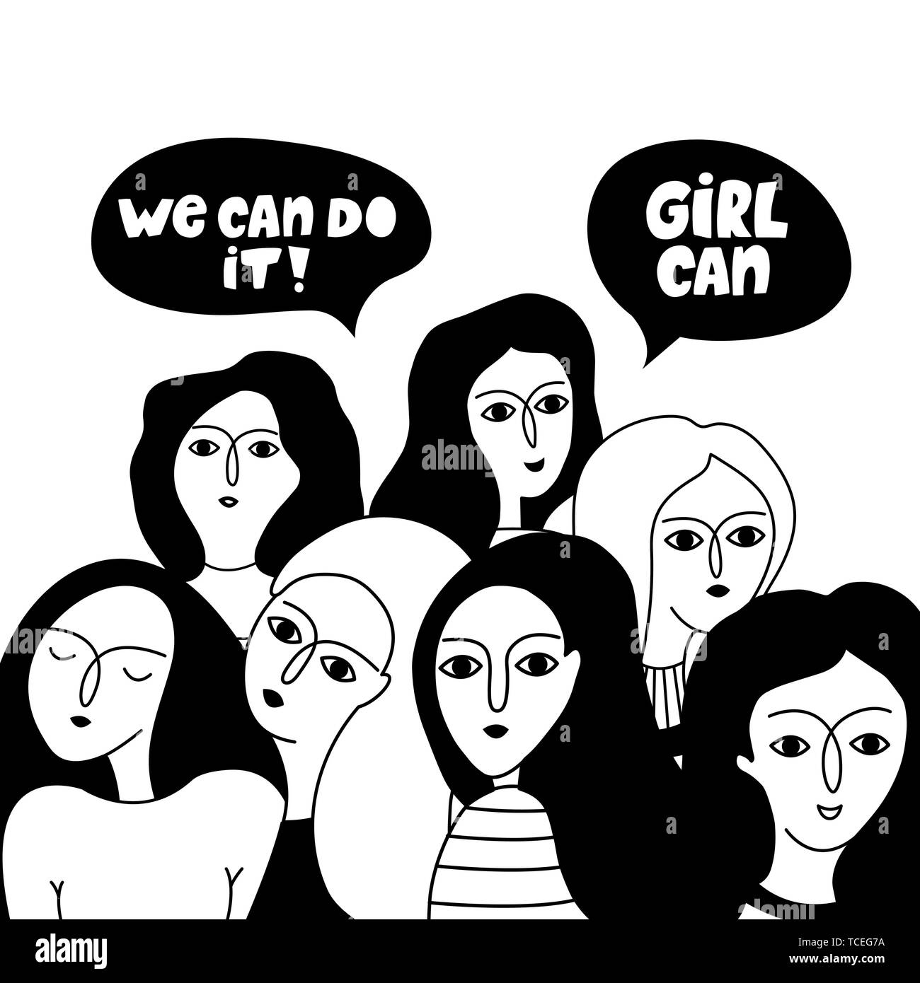 Greeting card with a group of girls and motivational slogans. Feminism. International Women's Day!  Vector illustration. Stock Vector