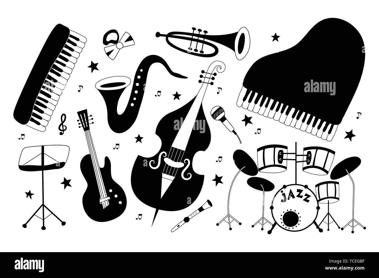 Big collection of musical instruments: piano, trumpet, cymbals, guitar, cello and saxophone. Vector hand drawn illustration. Stock Vector