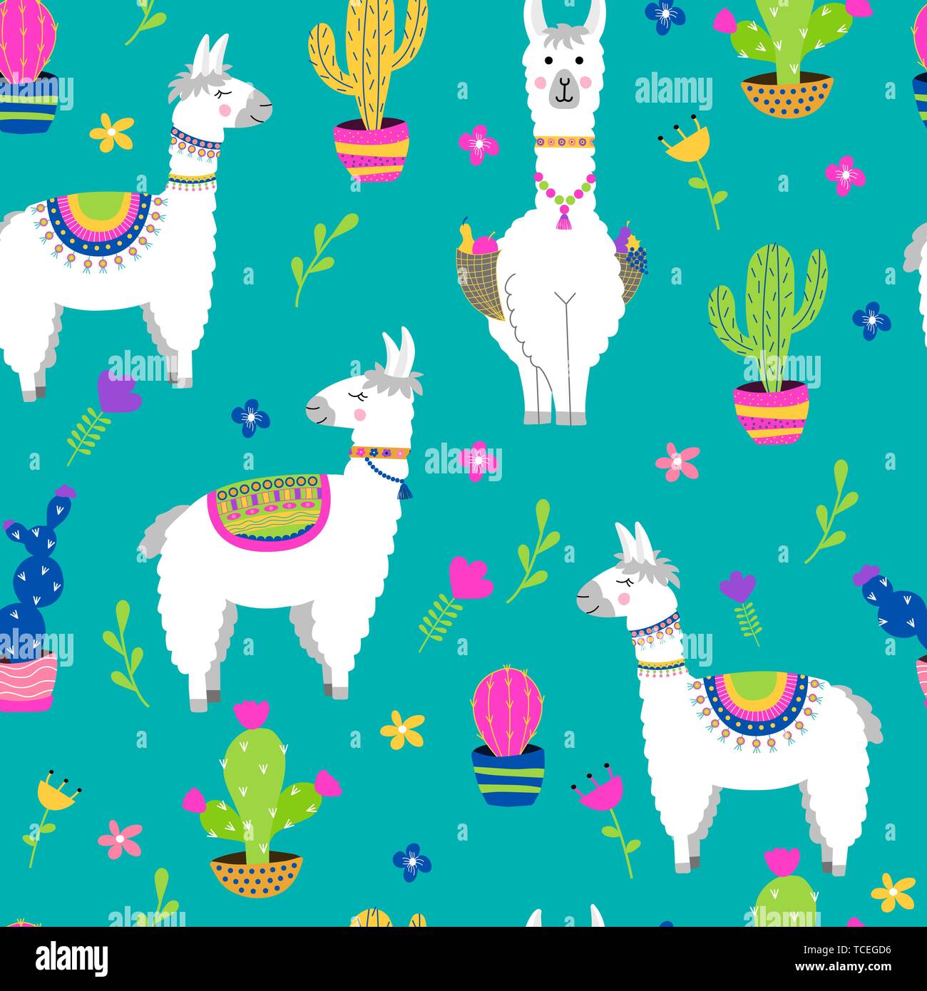 Seamless pattern with llama, cactus, flowers. Vector illustration. Stock Vector