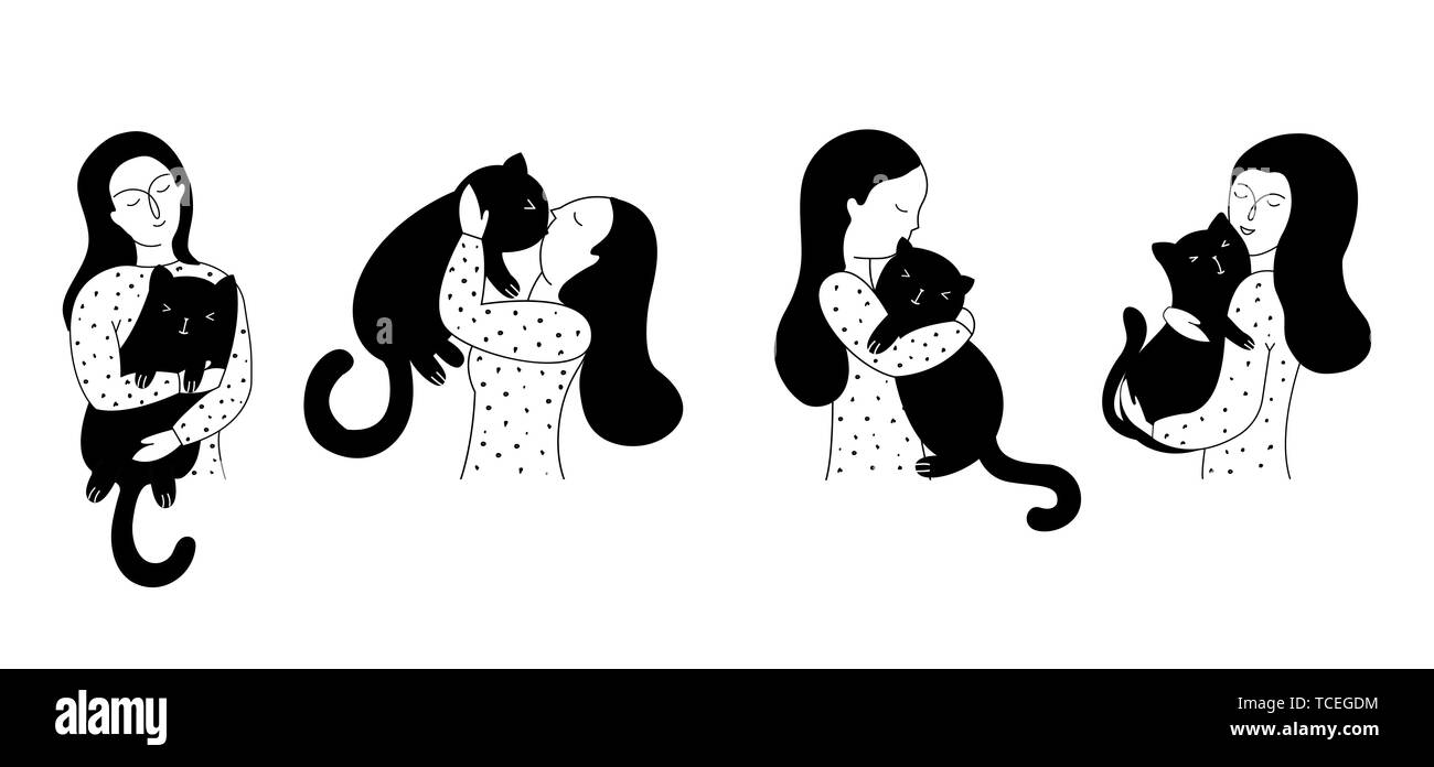 Set of a pretty young girl and her cat isolated on white background ...