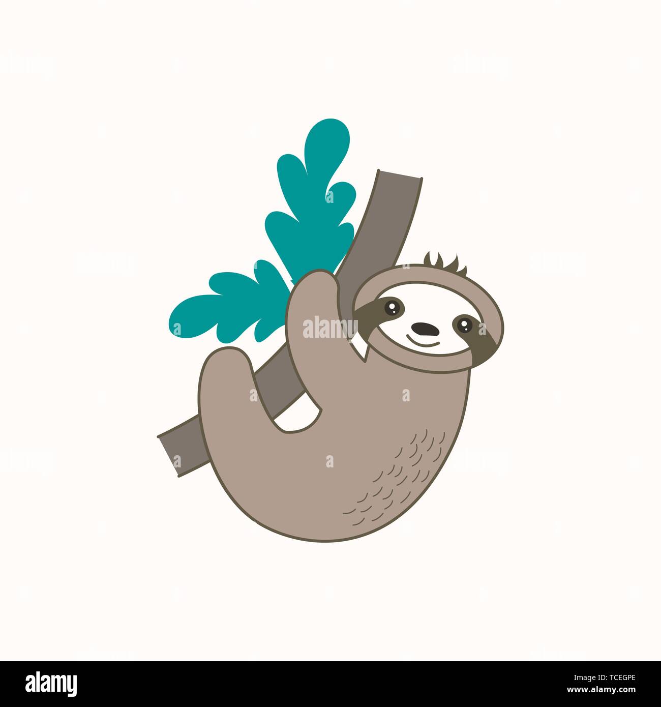 Vector sloth on branch. Cute cartoon funny kawaii character. Can be used for cards, flyers, poster, t-shirt. Stock Vector