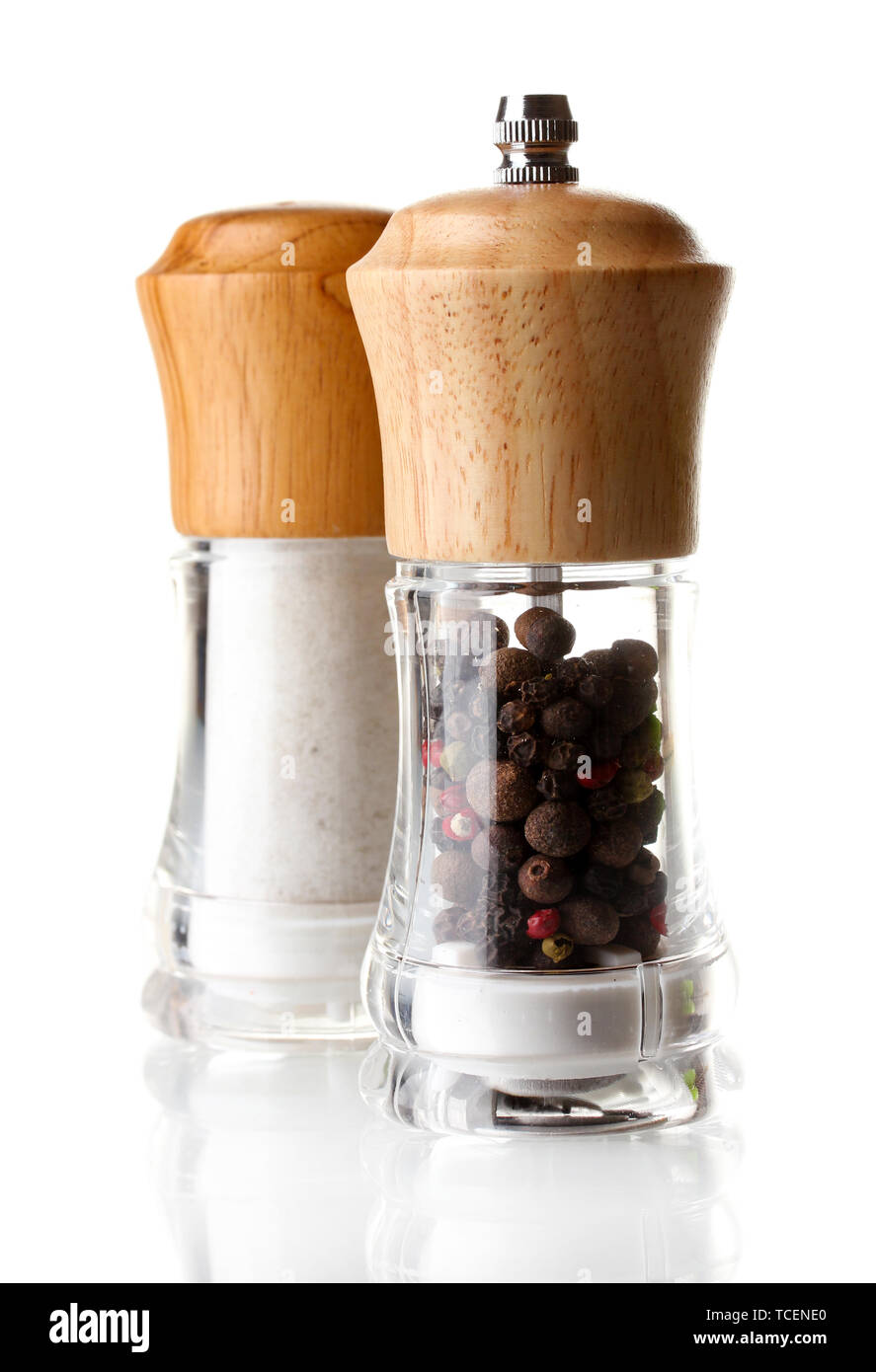 Salt and pepper mills isolated on white Stock Photo Alamy