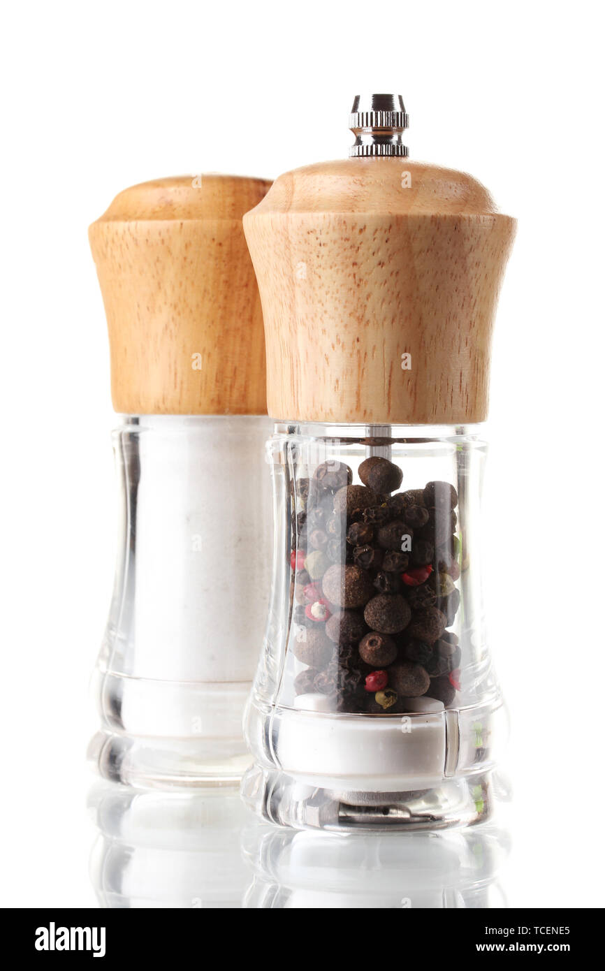 Salt and pepper mills isolated on white Stock Photo Alamy