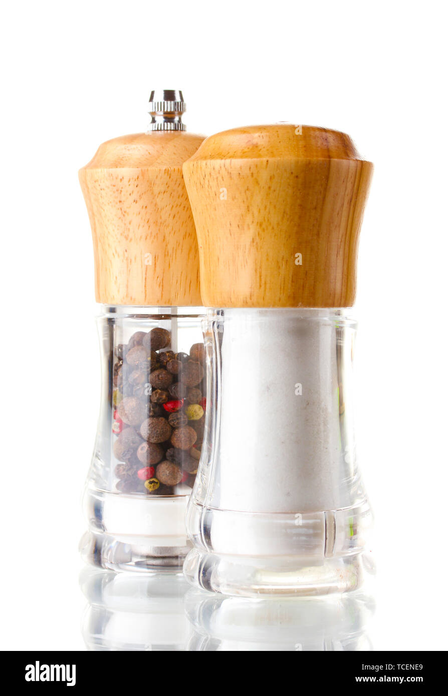 Salt and pepper mills isolated on white Stock Photo Alamy