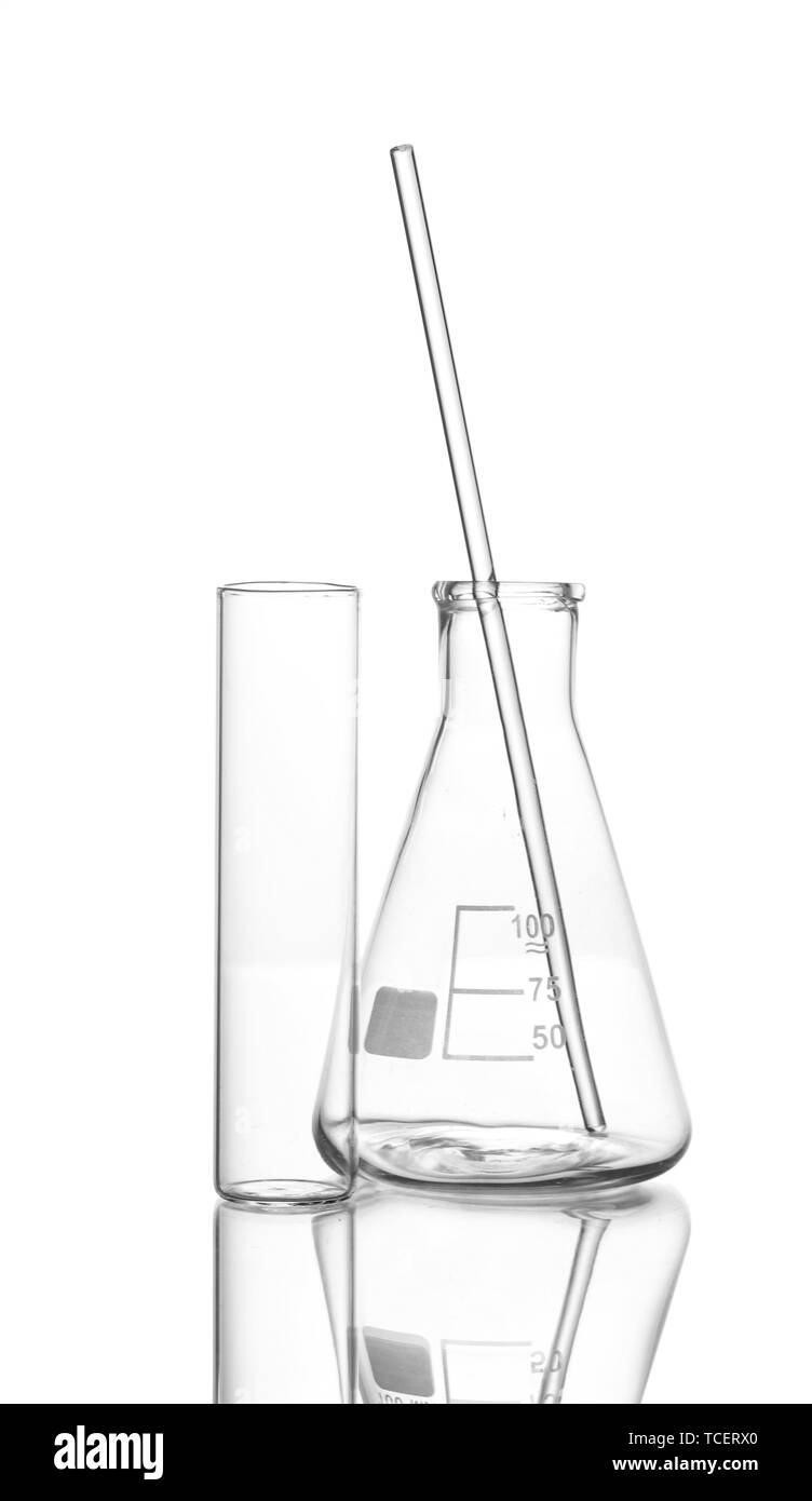 Two empty flasks with reflection isolated on white Stock Photo - Alamy
