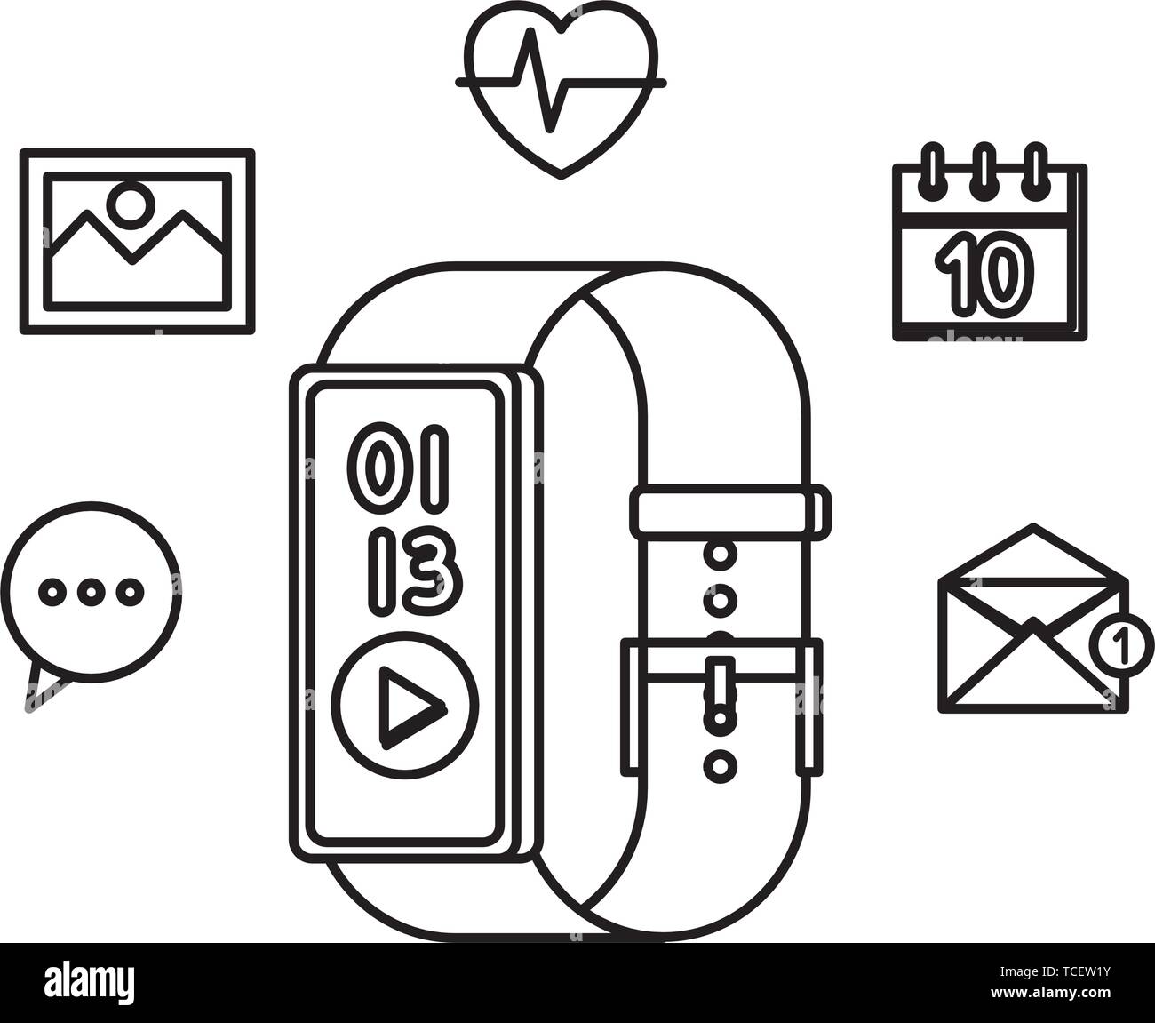 smartwatch with media player button and applications set Stock Vector