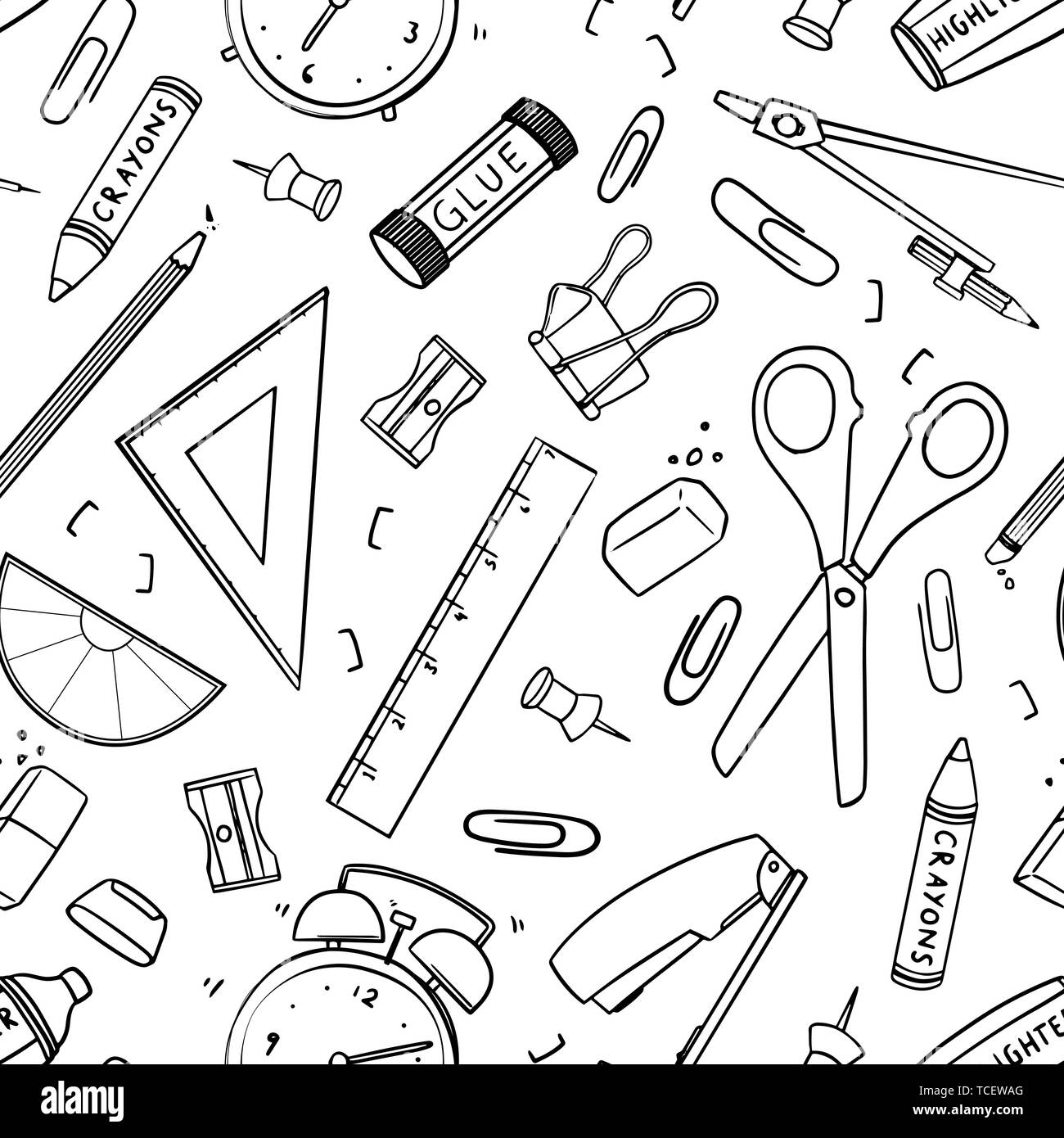 Stationary tool pattern. Seamless vector design; Hand drawn outline of eraser, triangular ruler, scissor, sharpener, pencil, glue stick, paper clip, c Stock Vector
