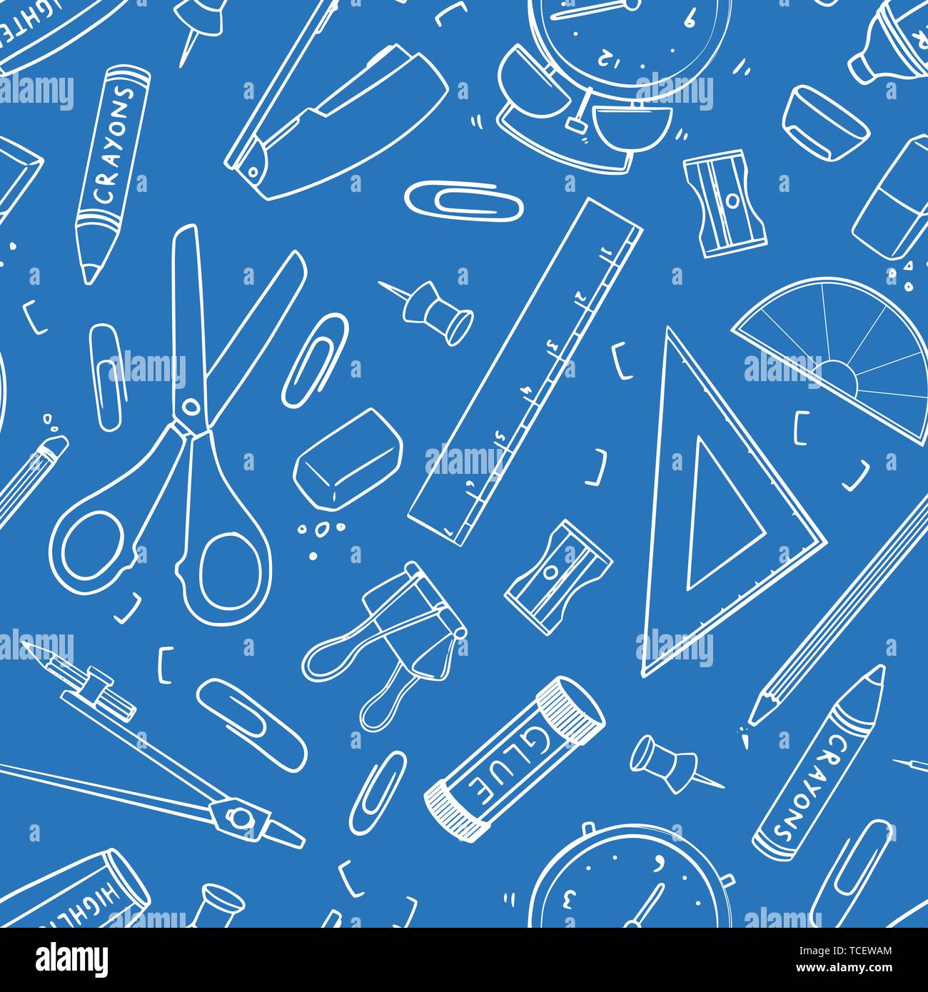 Blueprint of Stationary tool pattern. Seamless vector design; Hand drawn outline of eraser, triangular ruler, scissor, sharpener, pencil, glue stick, Stock Vector