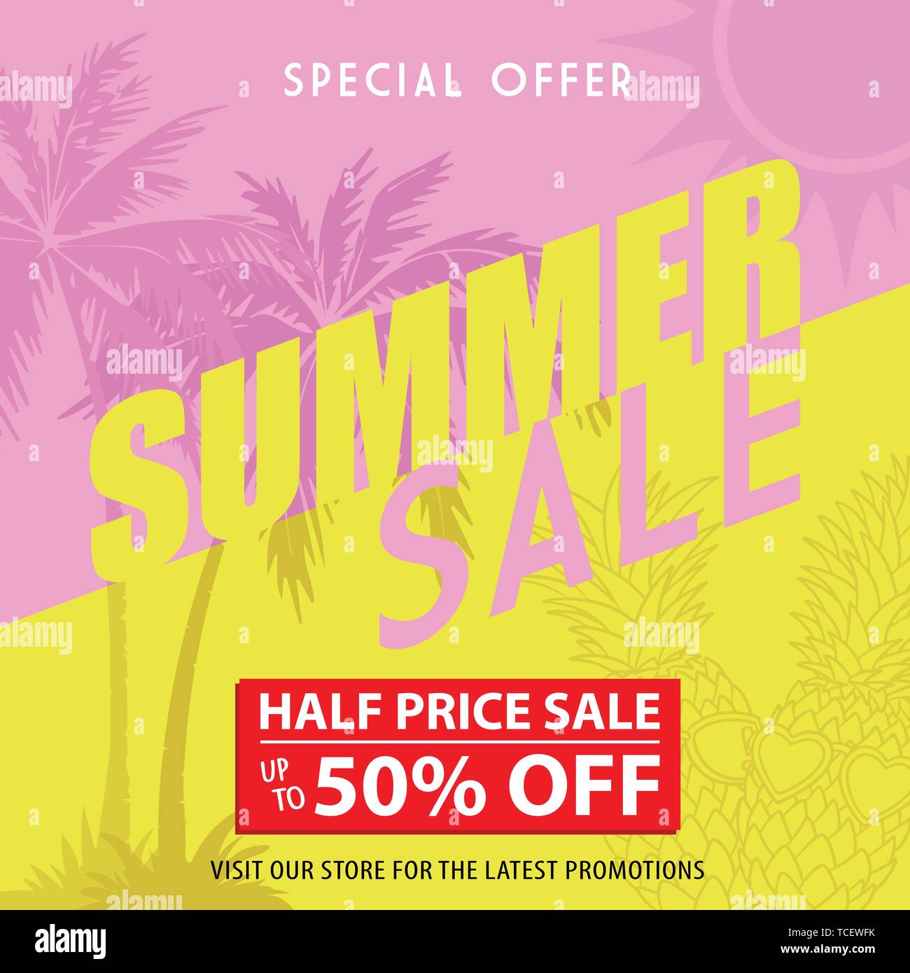 Summer Sale banner design template. Special offer Half price sale promotion, up to 50% off. Square frame. Vector illustration. Stock Vector