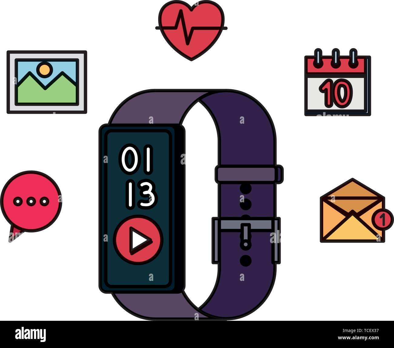 smartwatch with media player button and applications set Stock Vector