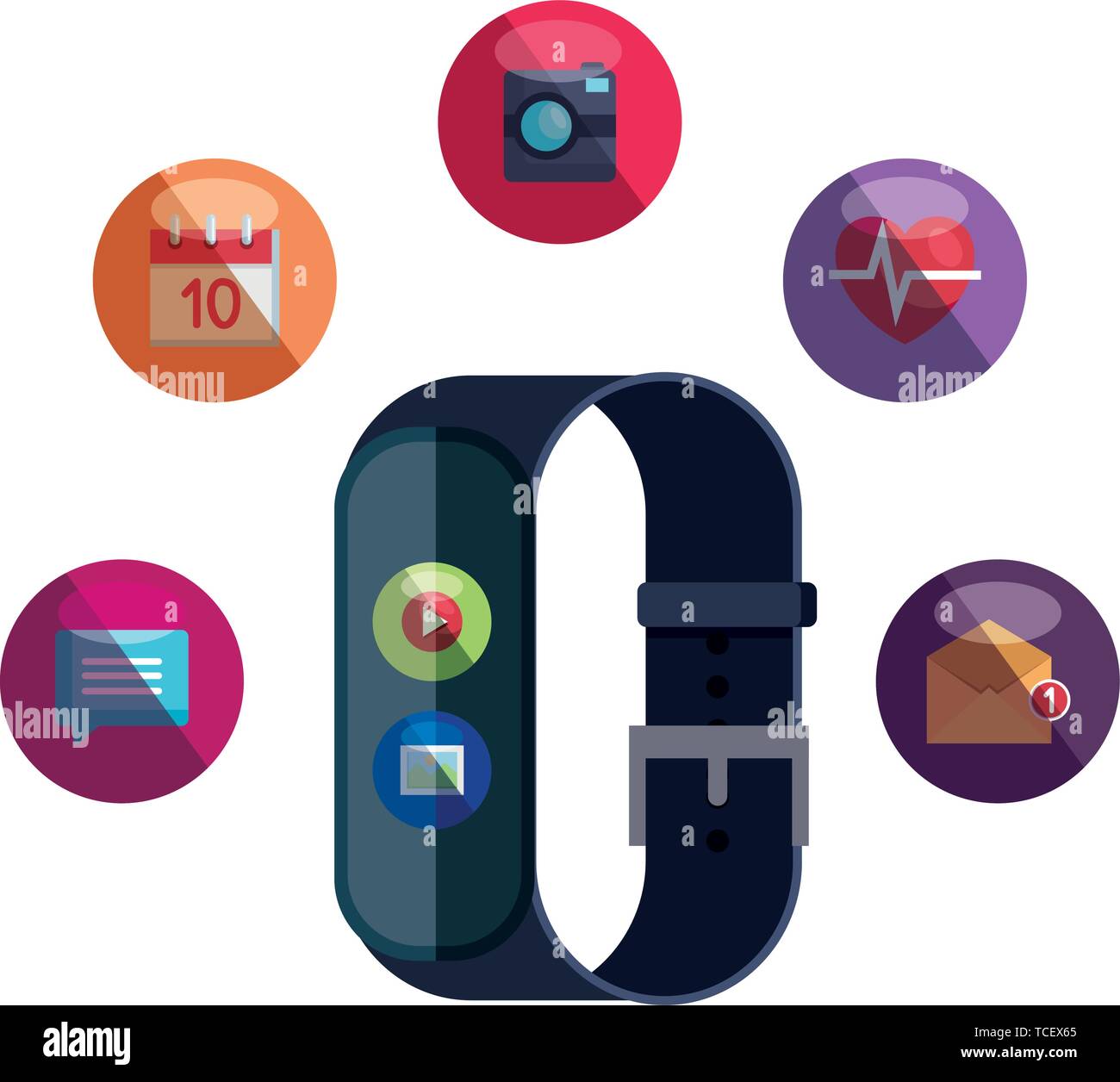 smartwatch with media player button and picture file set apps Stock Vector