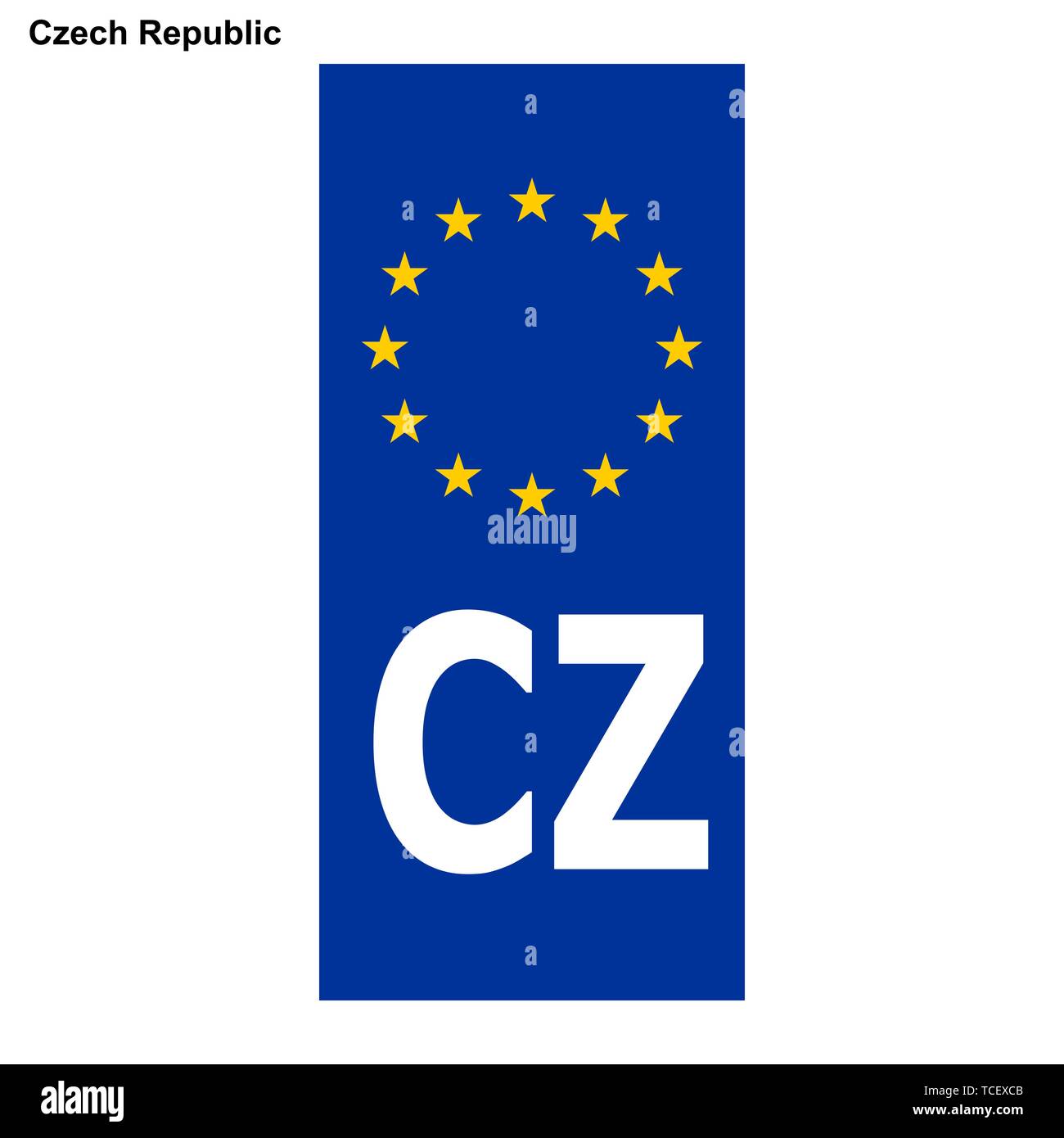 Vehicle registration plates of Czech. EU country identifier. blue band