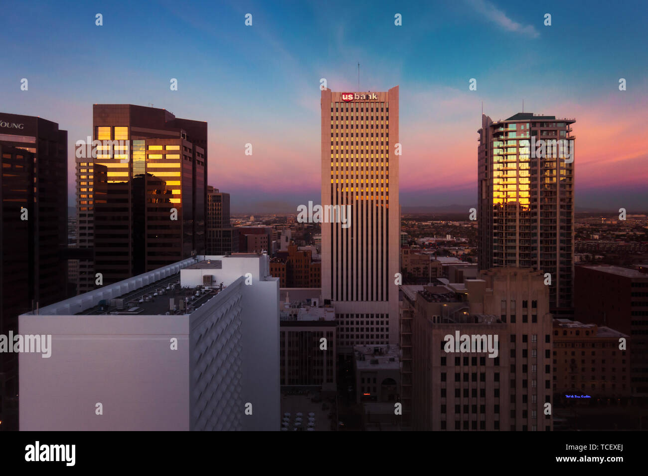 Phoenix, ARIZONA - October 21 2017: Skyscrapers in central Phoenix in sunrise light. View from the 22nd floor. Stock Photo