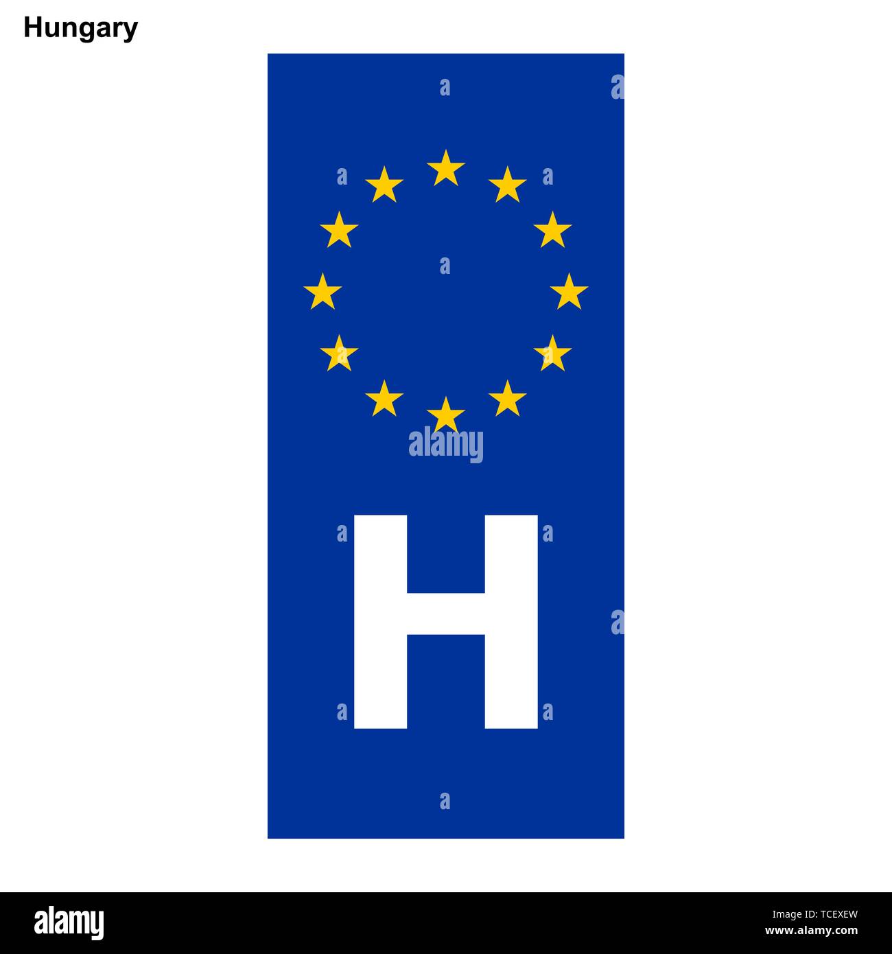 Vehicle registration plates of Hungary. EU country identifier. blue