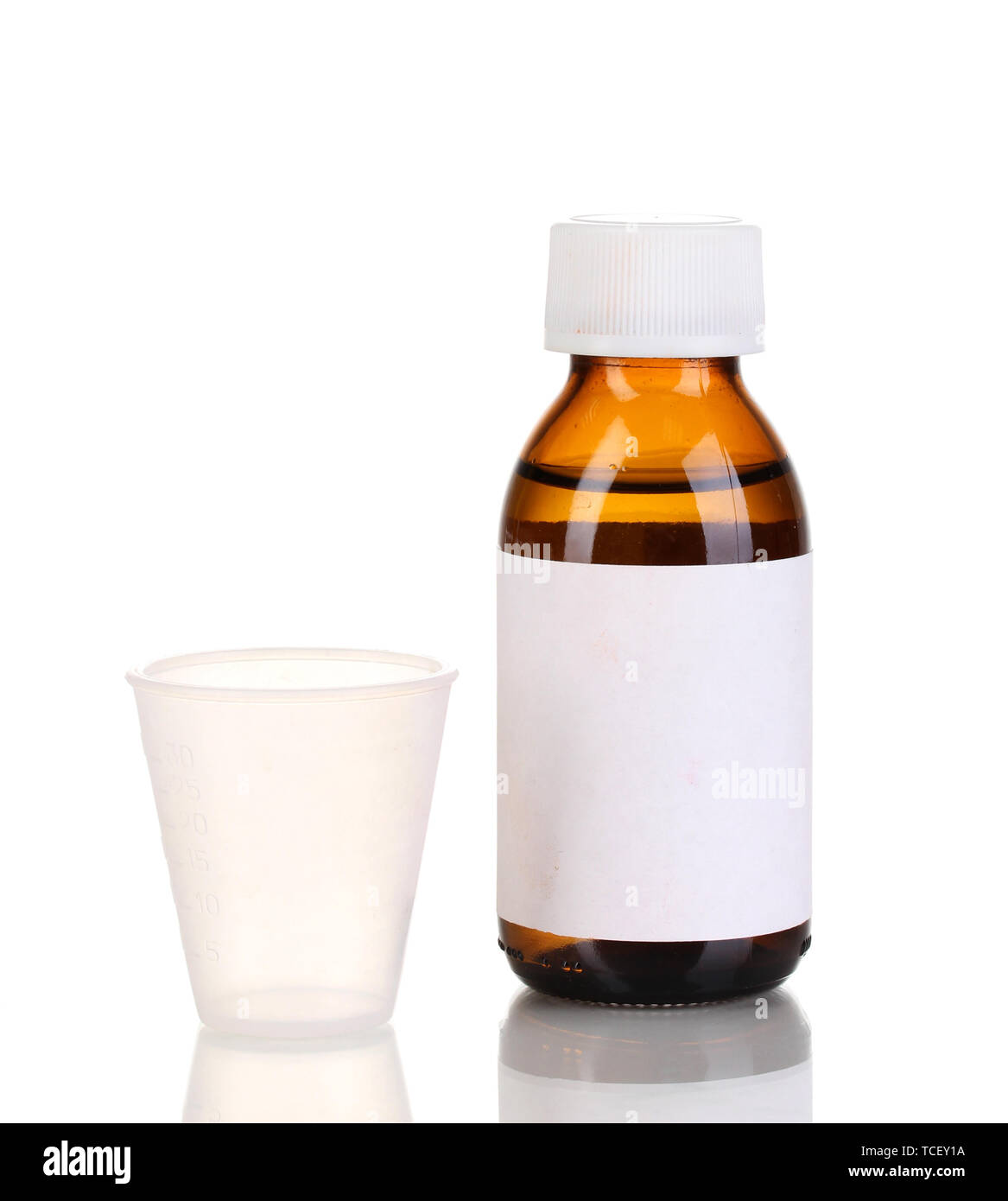 Medical bottle and jigger isolated on white Stock Photo Alamy