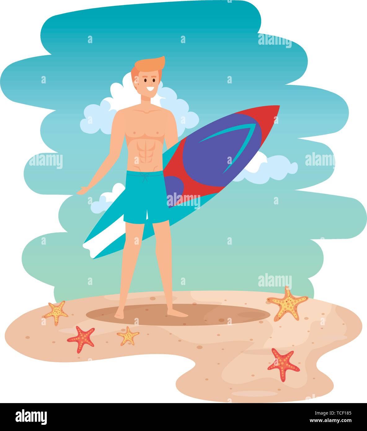 young man with swimsuit and surfboard on the beach Stock Vector Image ...