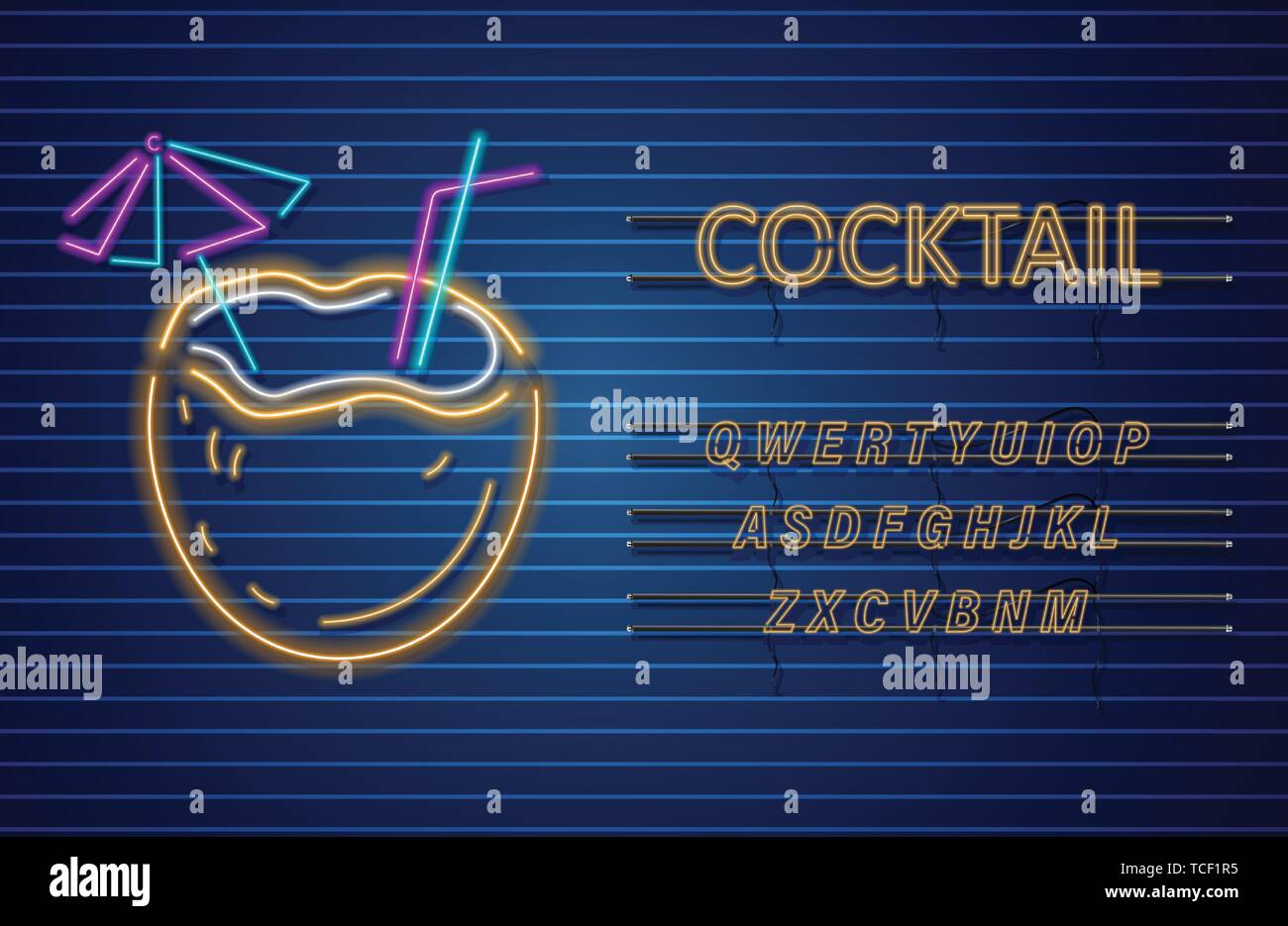 Coconut cocktail neon Vector. Summer tropic drink banner poster Stock