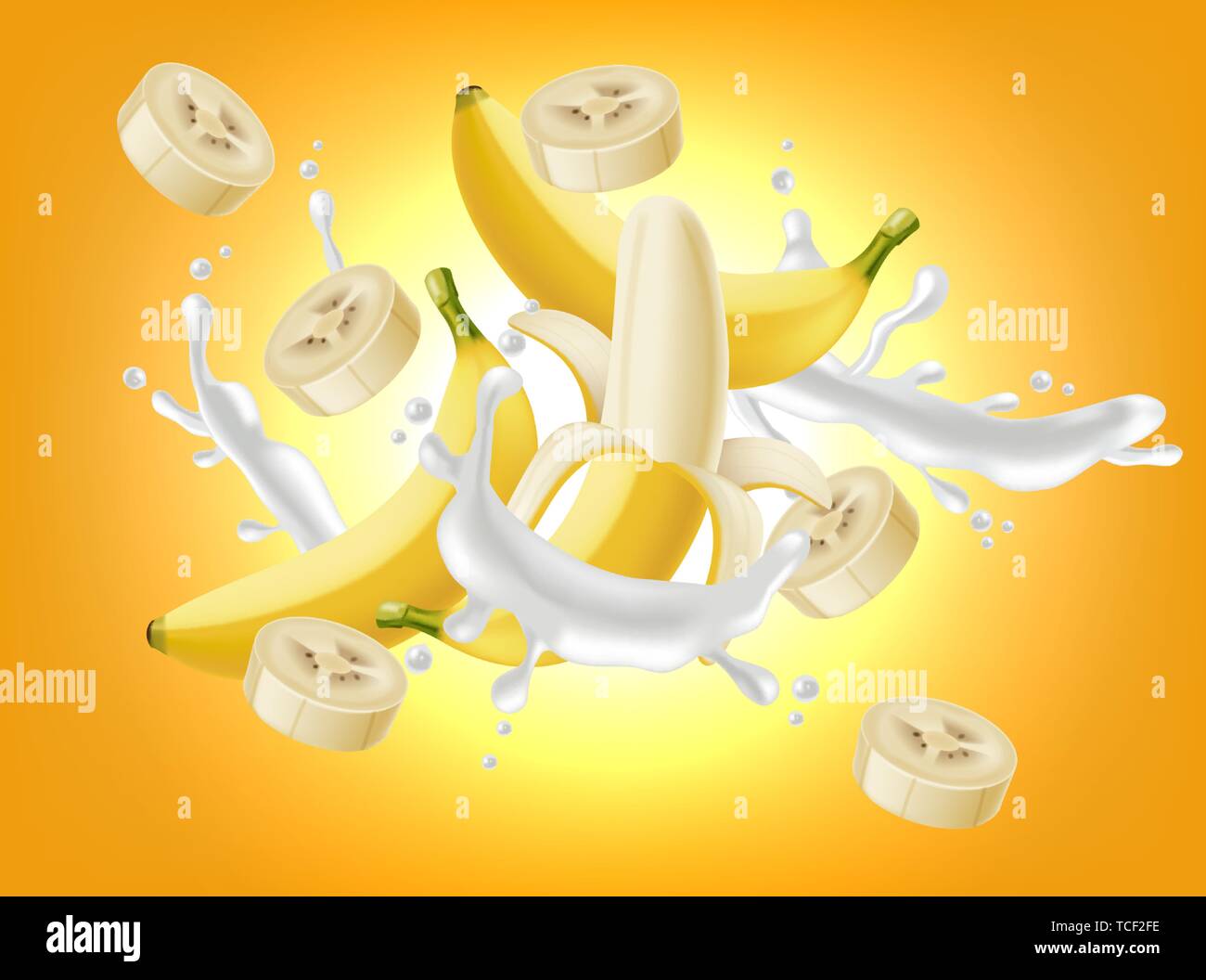 Banana splash Vector realistic. Yogurt or milk pourring liquid. Mock up