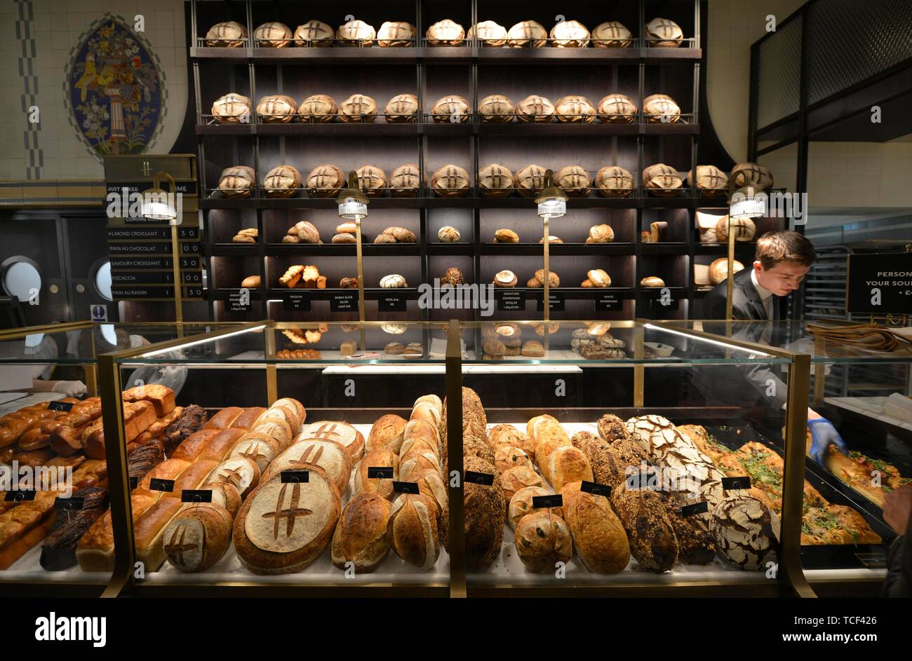 Bakery products, display with various breads, department store Harrods