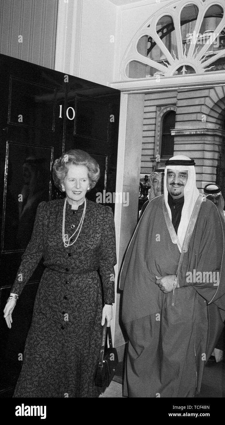 King Fahd of Saudi Arabia is welcomed at 10 Downing Street, London, by Prime Minister Margaret Thatcher. The King began a four-day state visit to Britain yesterday. Stock Photo