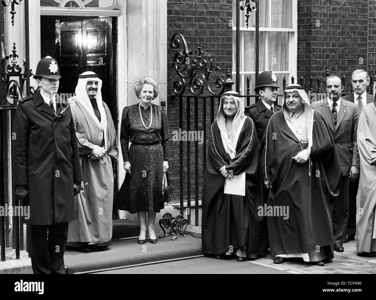 King Fahd of Saudi Arabia, who arrived in Britain yesterday for a four-day state visit, meets Prime Minister Margaret Thatcher at 10 Downing Street, London. Stock Photo