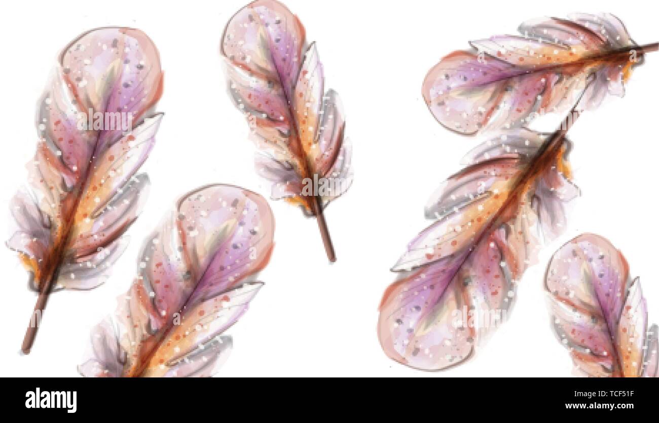 Feathers Vector watercolor. Vintage light delicate pattern texture Stock Vector