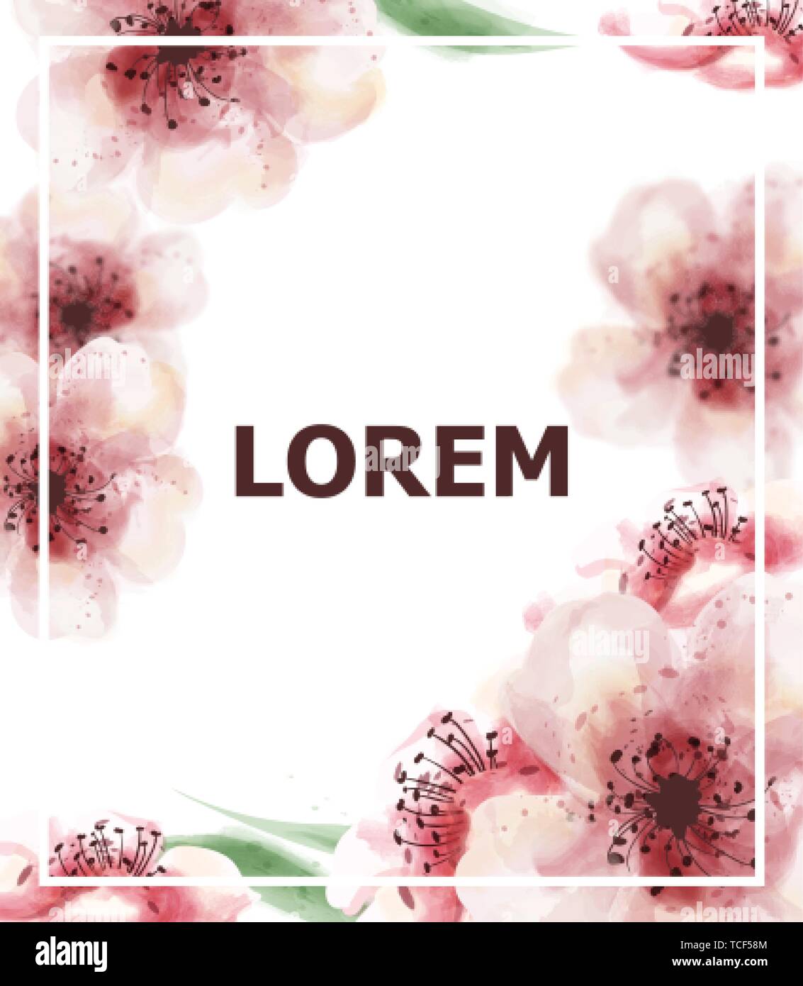 Wedding card with pink flowers Vector watercolor. Delicate floral frame ...