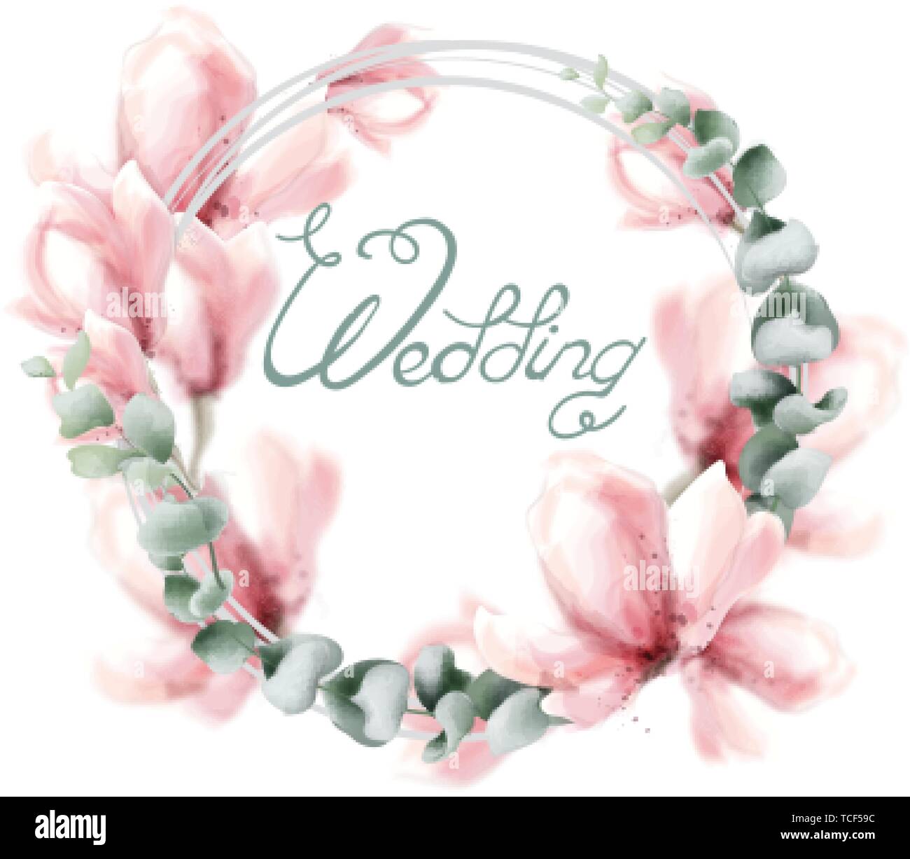 Wedding wreath with pink flowers Vector watercolor. Delicate floral ...