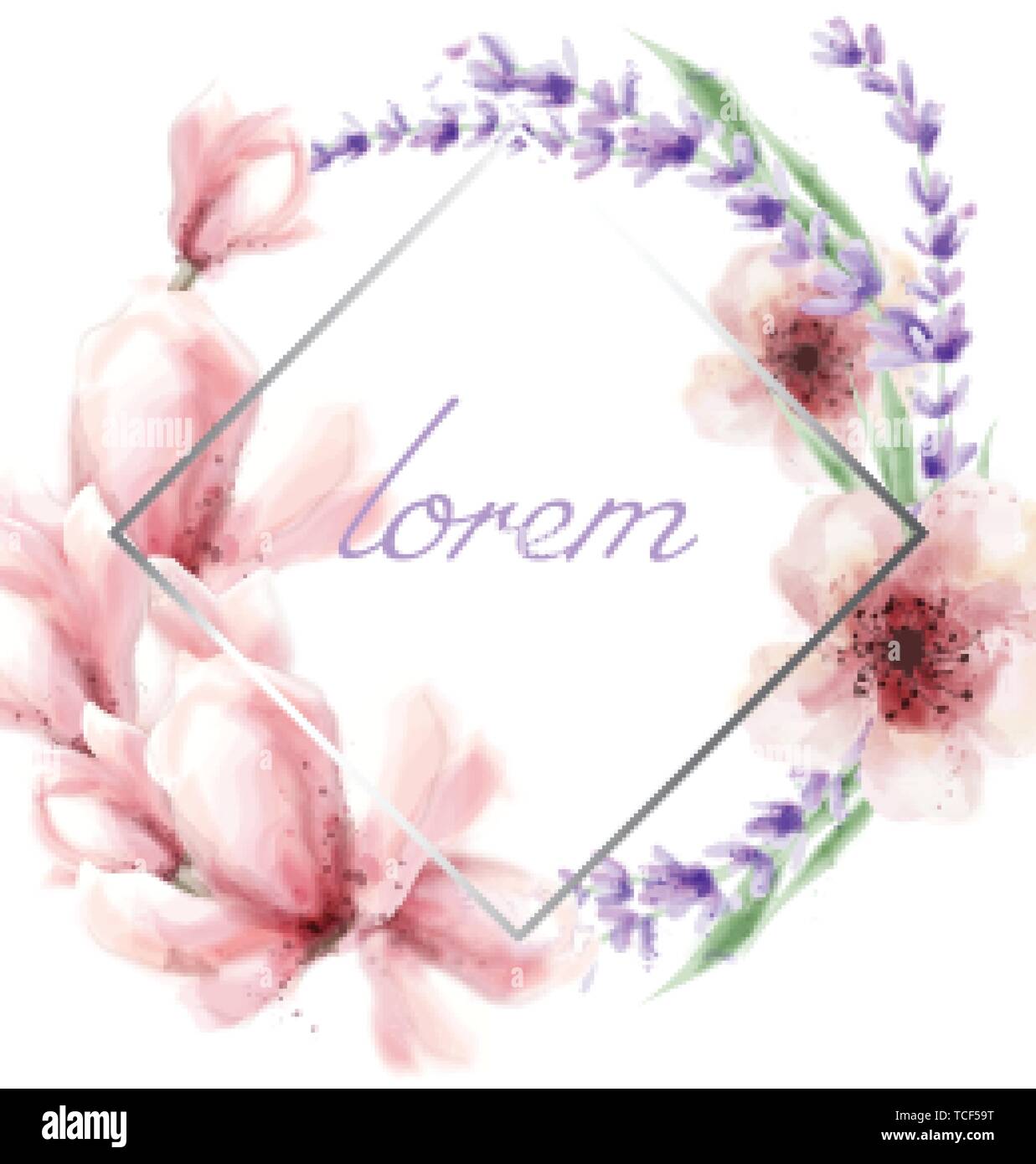 Spring summer card with colorful flowers frame Vector watercolor. Pink ...