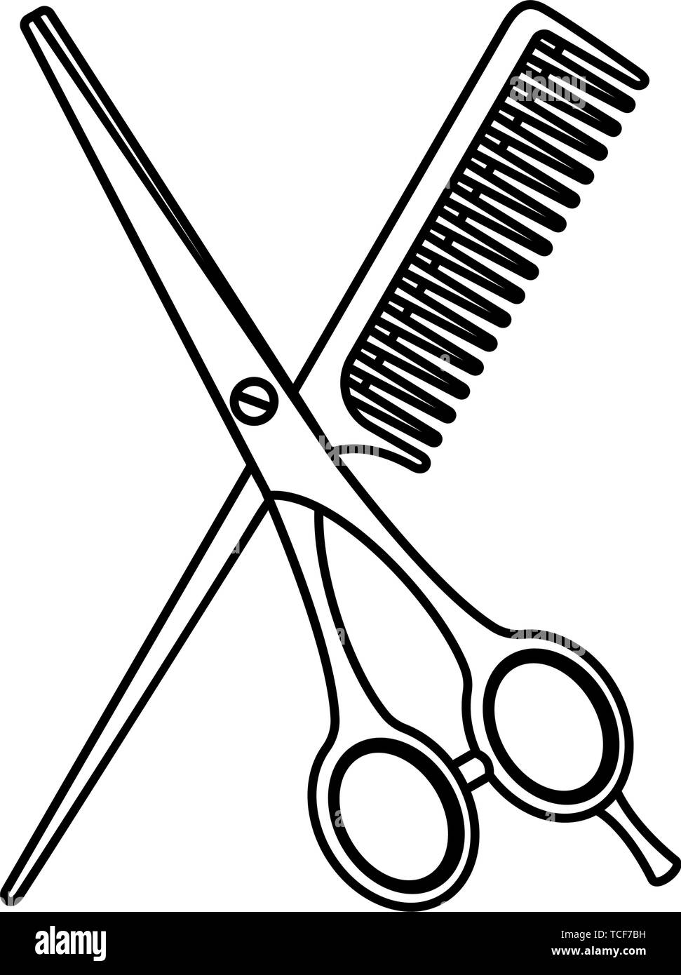 Line art black and white scissors and comb Stock Vector