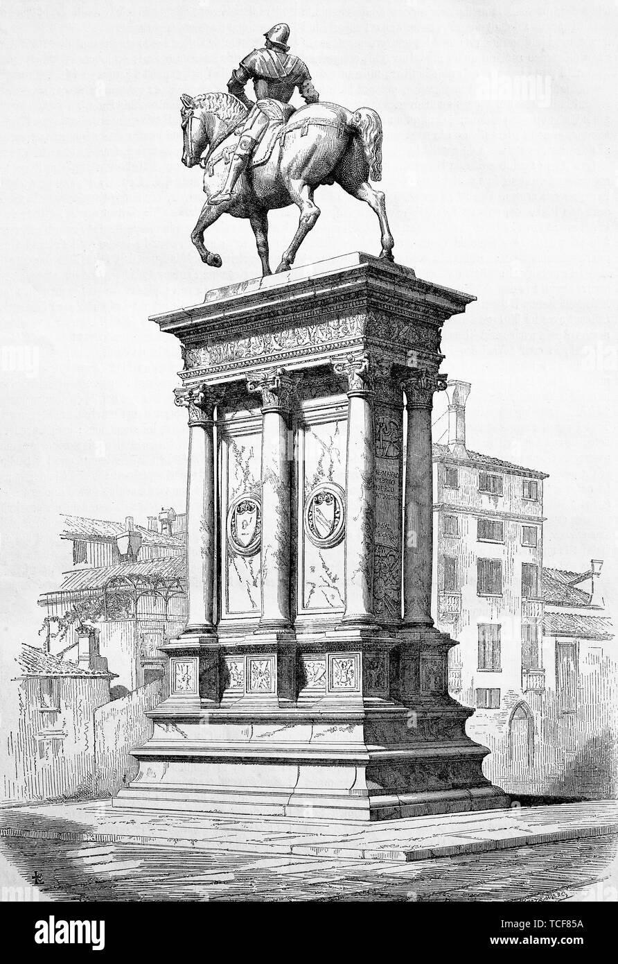 Statue of Bartolomeo Colleoni, Campo Santi Giovanni e Paolo a Venezia, 1860, historical woodcut, Italy, Europe Stock Photo