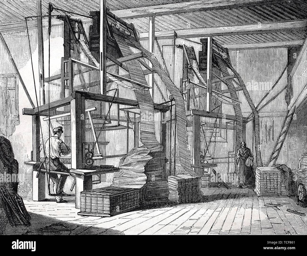 Studio for the production of silk fabric, 1870, historical woodcut, Germany, Europe Stock Photo