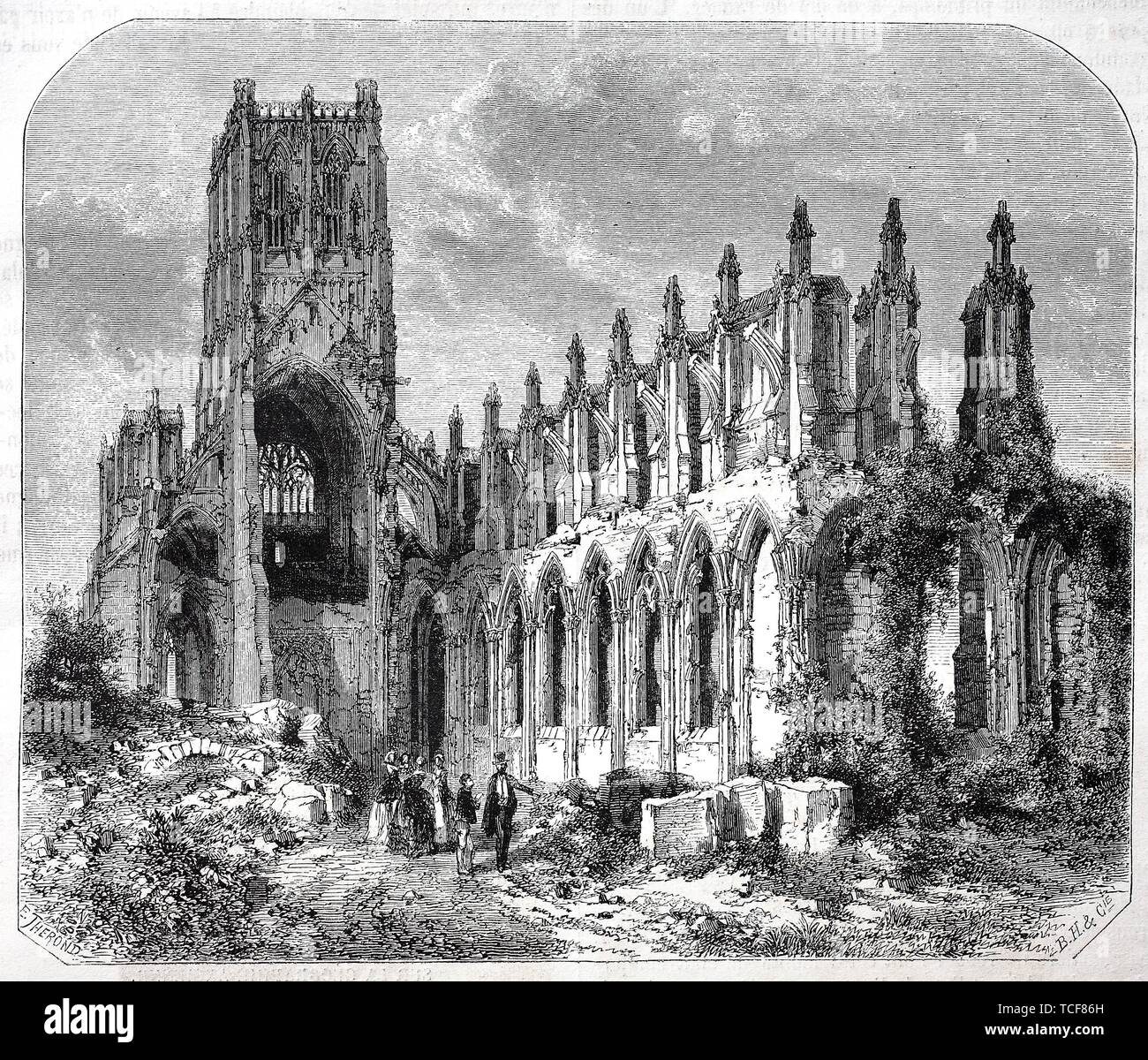 Ruin of the church Saint Bertin, near Saint Omer, 1870, historical woodcut, France, Europe Stock Photo