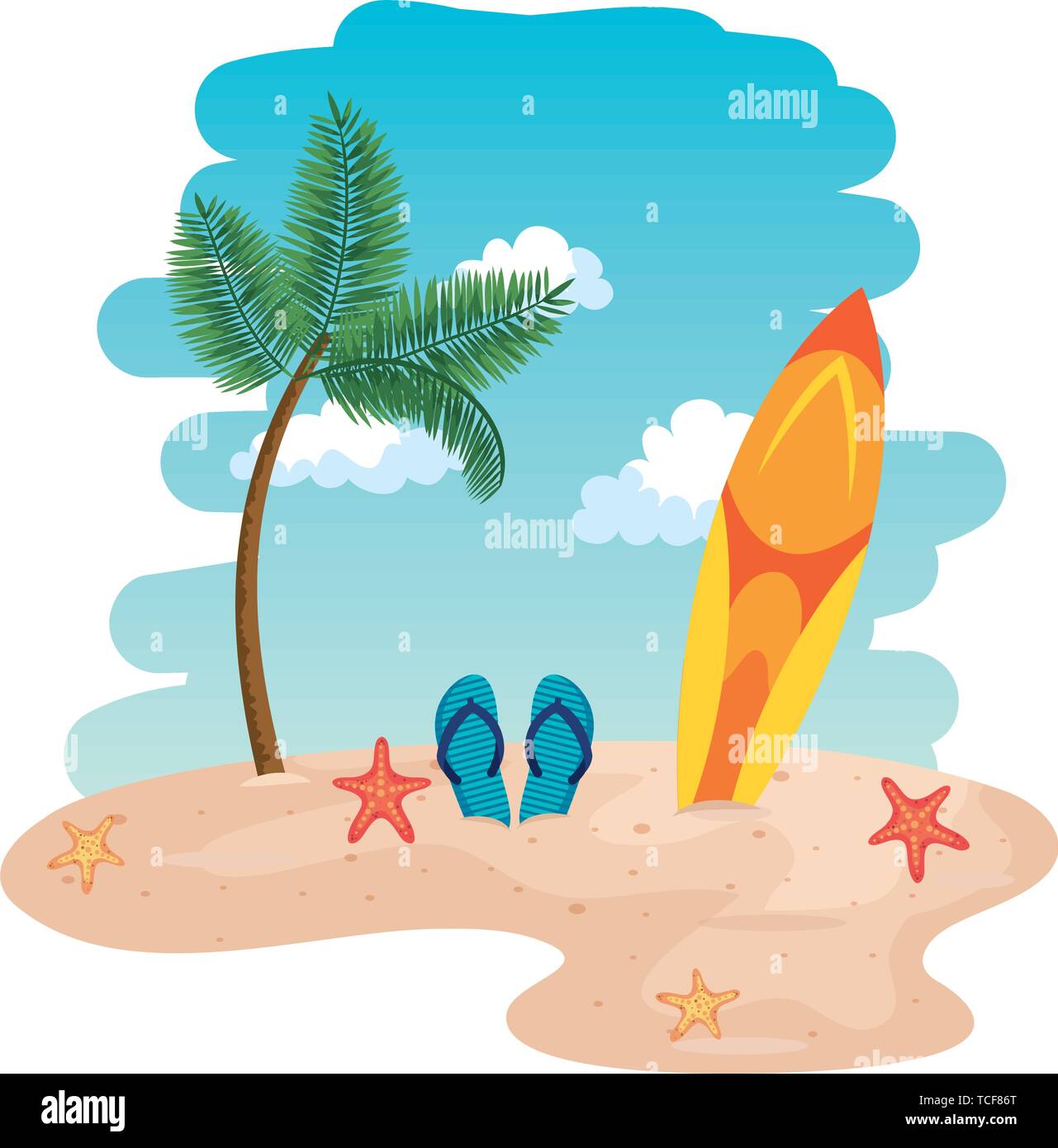 beach seascape scene with surfboard and sandals Stock Vector Image ...
