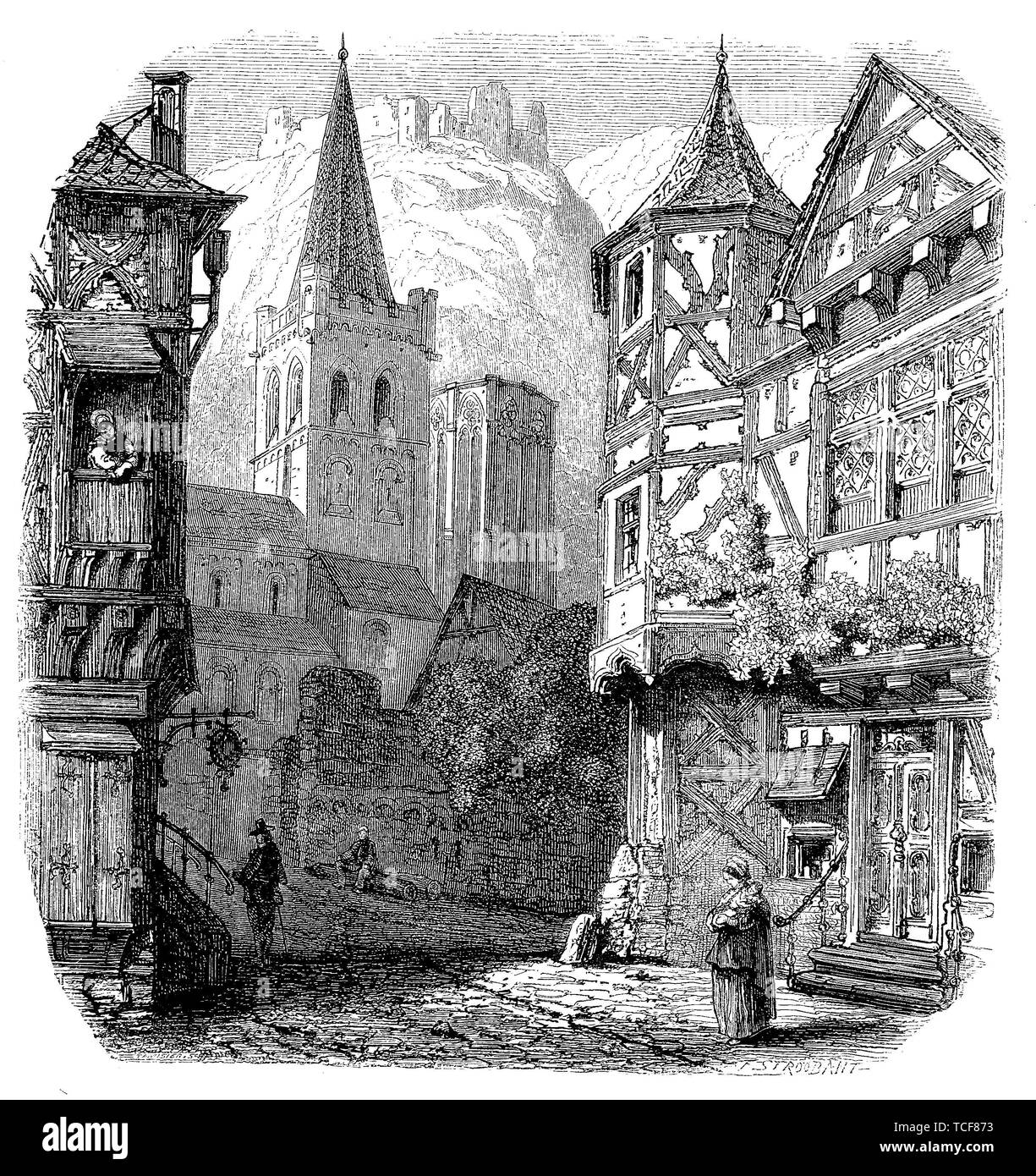 Bacharach am Rhein, Rhineland Palatinate, 1870, historical woodcut, Germany, Europe Stock Photo