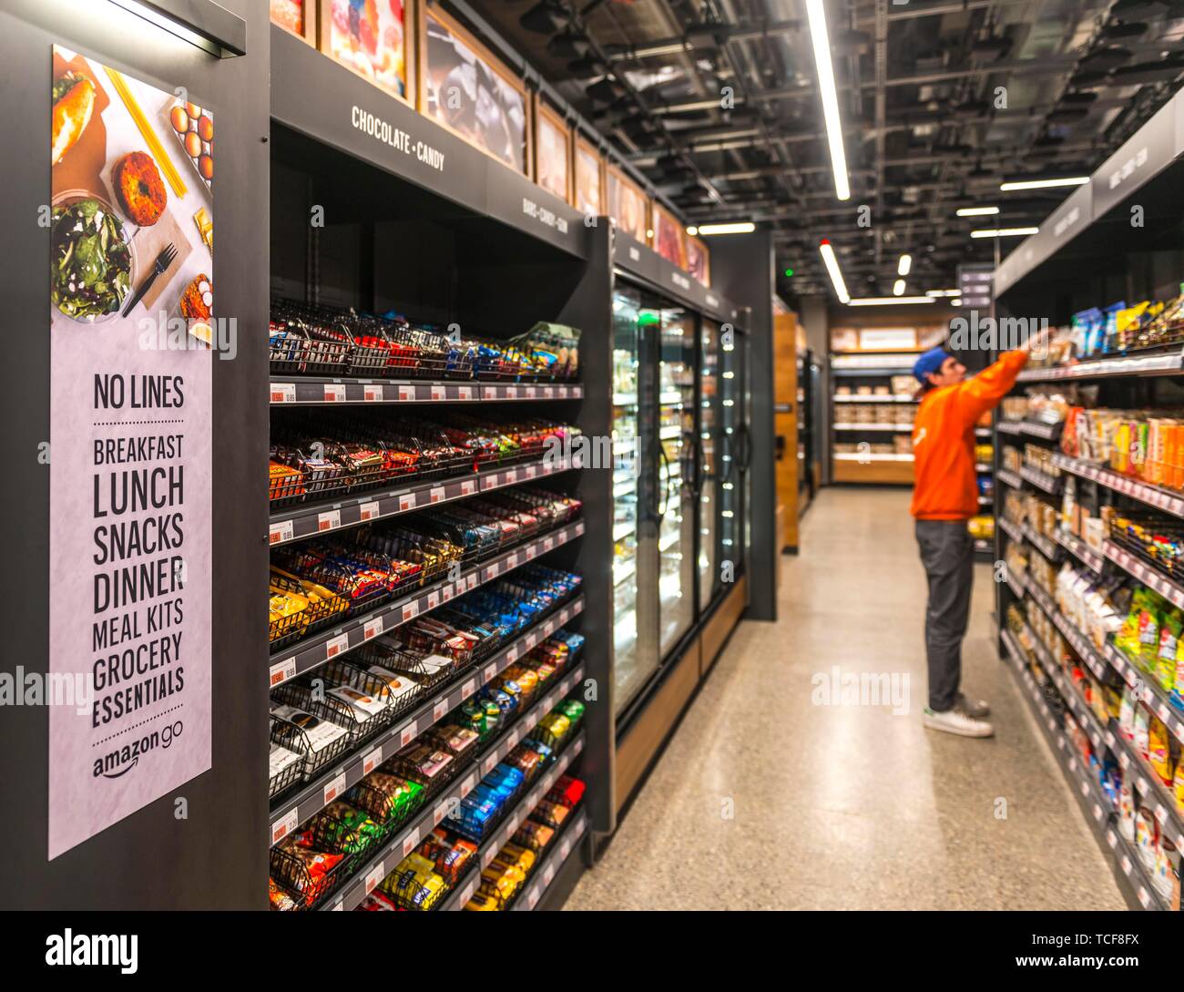 Food shelves in cashless supermarket, Amazon Go store, American