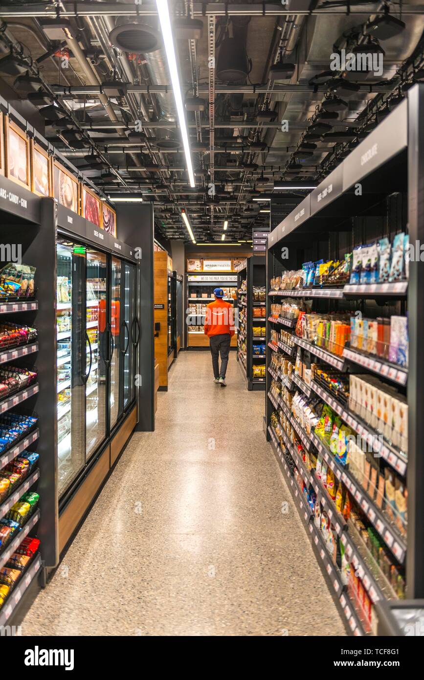 Food shelves in cashless supermarket, Amazon Go store, American