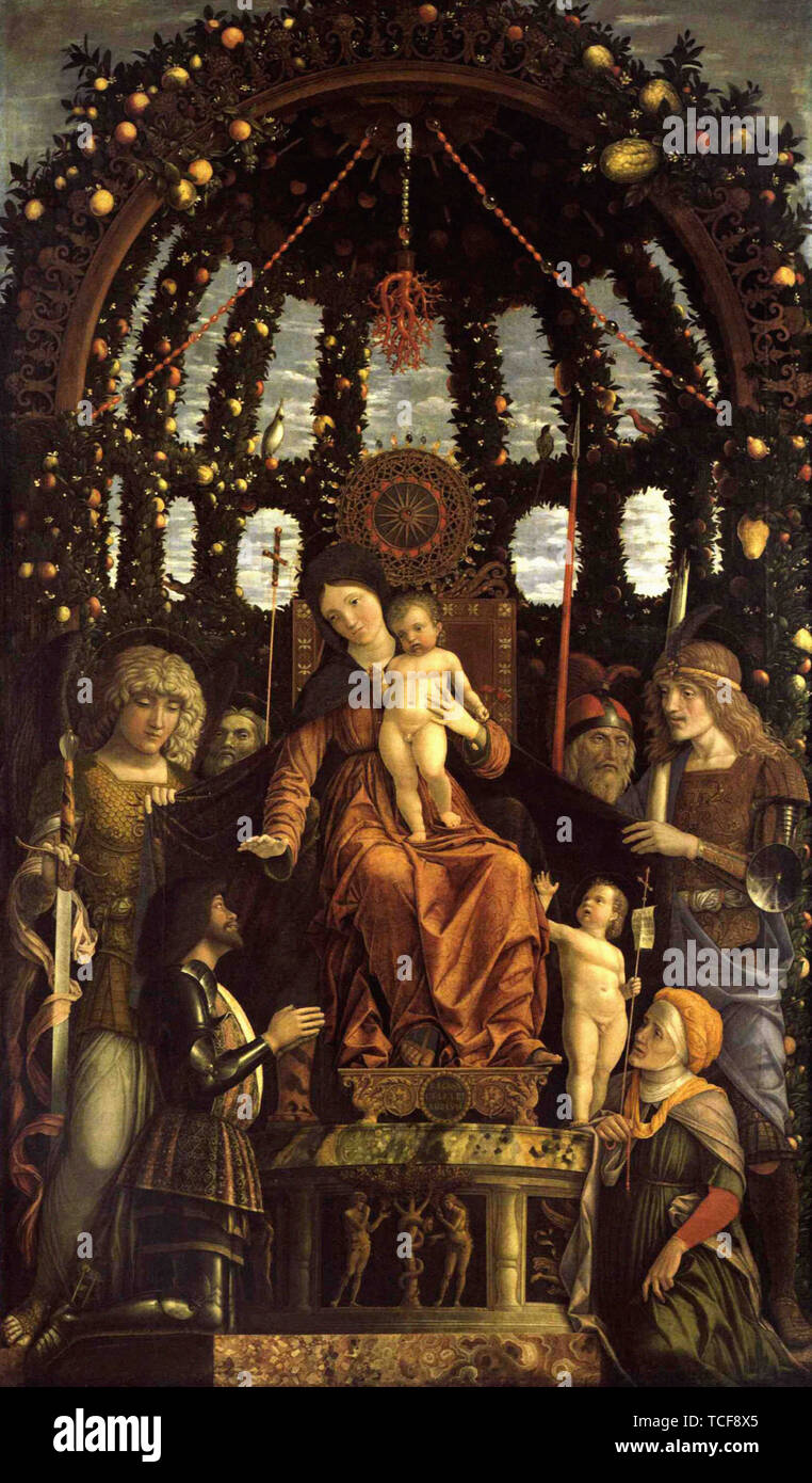 Andrea Mantegna - Virgin Victory Madonn Child Enthroned With Six Saints Adored Gian 1496 Stock Photo