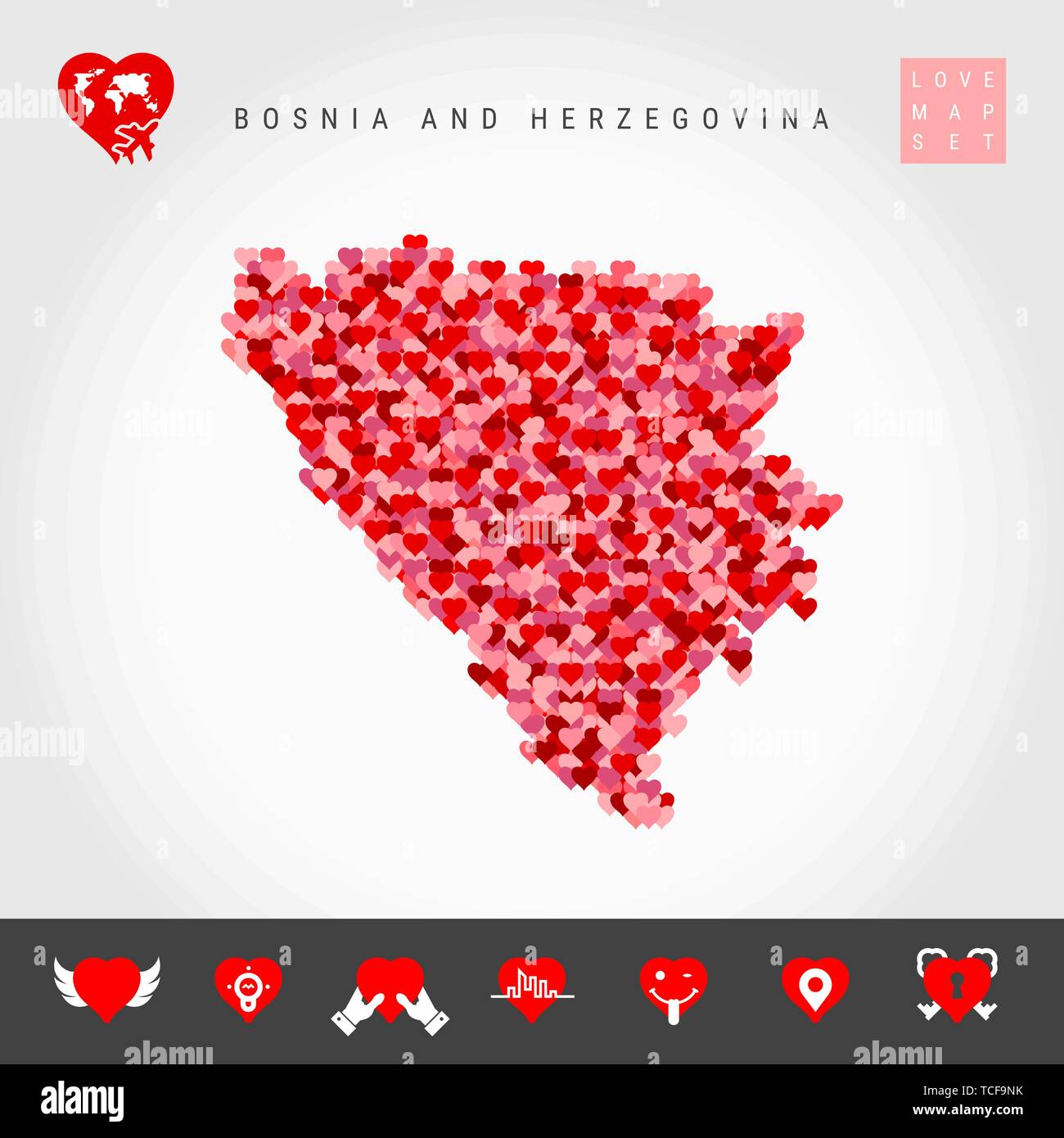 I Love Bosnia and Herzegovina. Red and Pink Hearts Pattern Vector Map