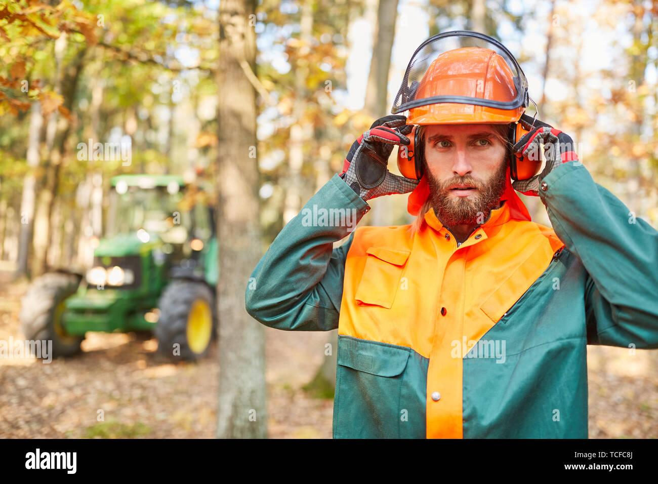 Forest worker or lumberjack with protective gear during harvesting in the forest Stock Photo