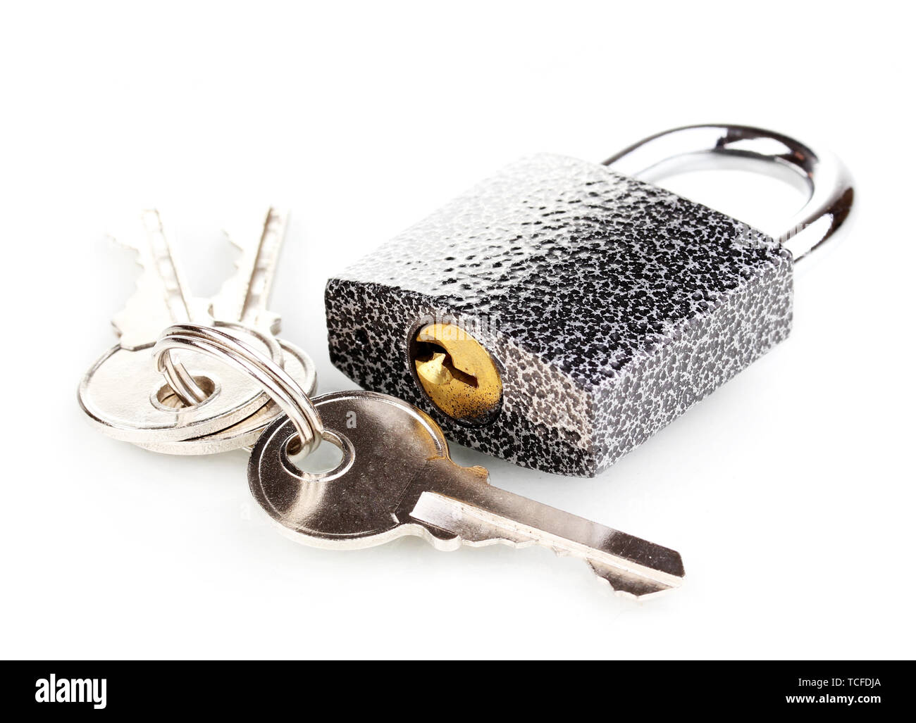 Modern padlock with keys isolated on white Stock Photo Alamy