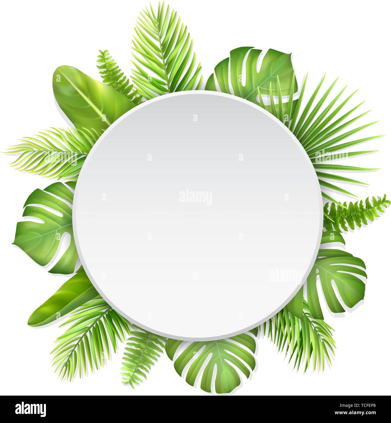 White label with tropical leaves. Leaves of monstera  palm tree and fern. Background for ad discount. Stock Vector