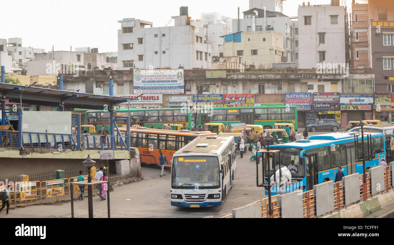 BANGALORE INDIA June 3, 2019:Buses entering into the Kempegowda Bus Station known as Majestic during morning time traffic congestion Stock Photo