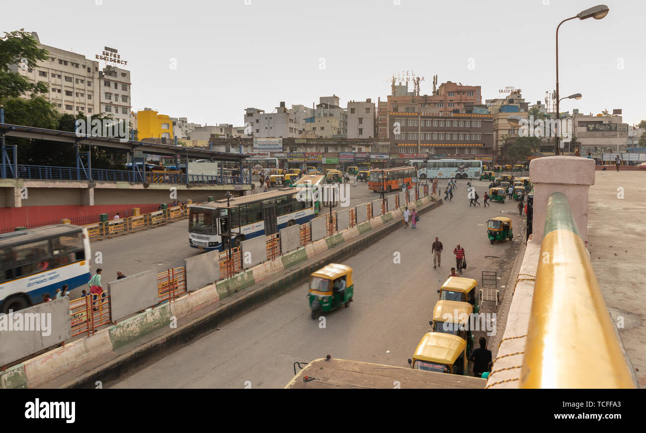 BANGALORE INDIA June 3, 2019:Buses entering into the Kempegowda Bus Station known as Majestic during morning time traffic congestion Stock Photo