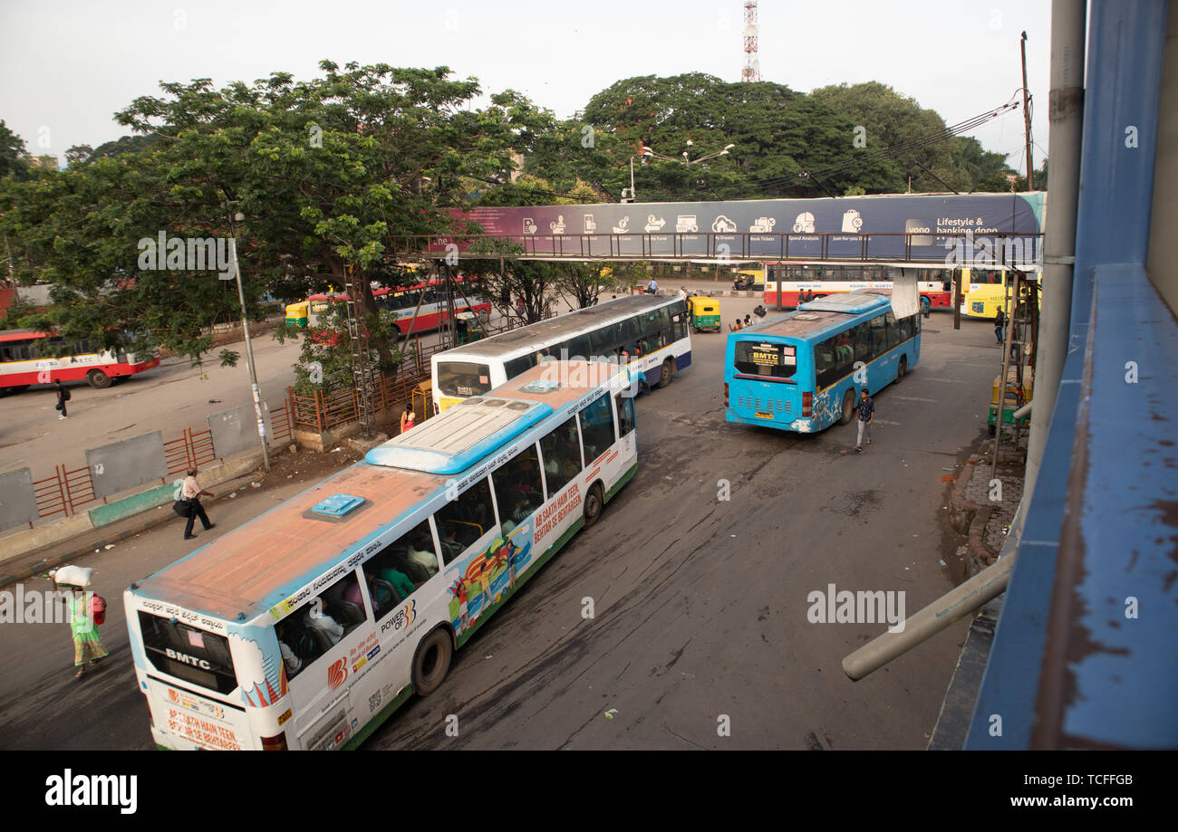 BANGALORE INDIA June 3, 2019:Buses in the Kempegowda Bus Station known as Majestic during morning time traffic congestion Stock Photo