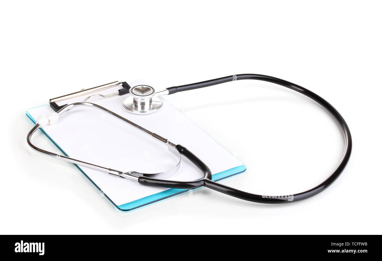 Stethoscope and blank clipboard isolated on white Stock Photo - Alamy